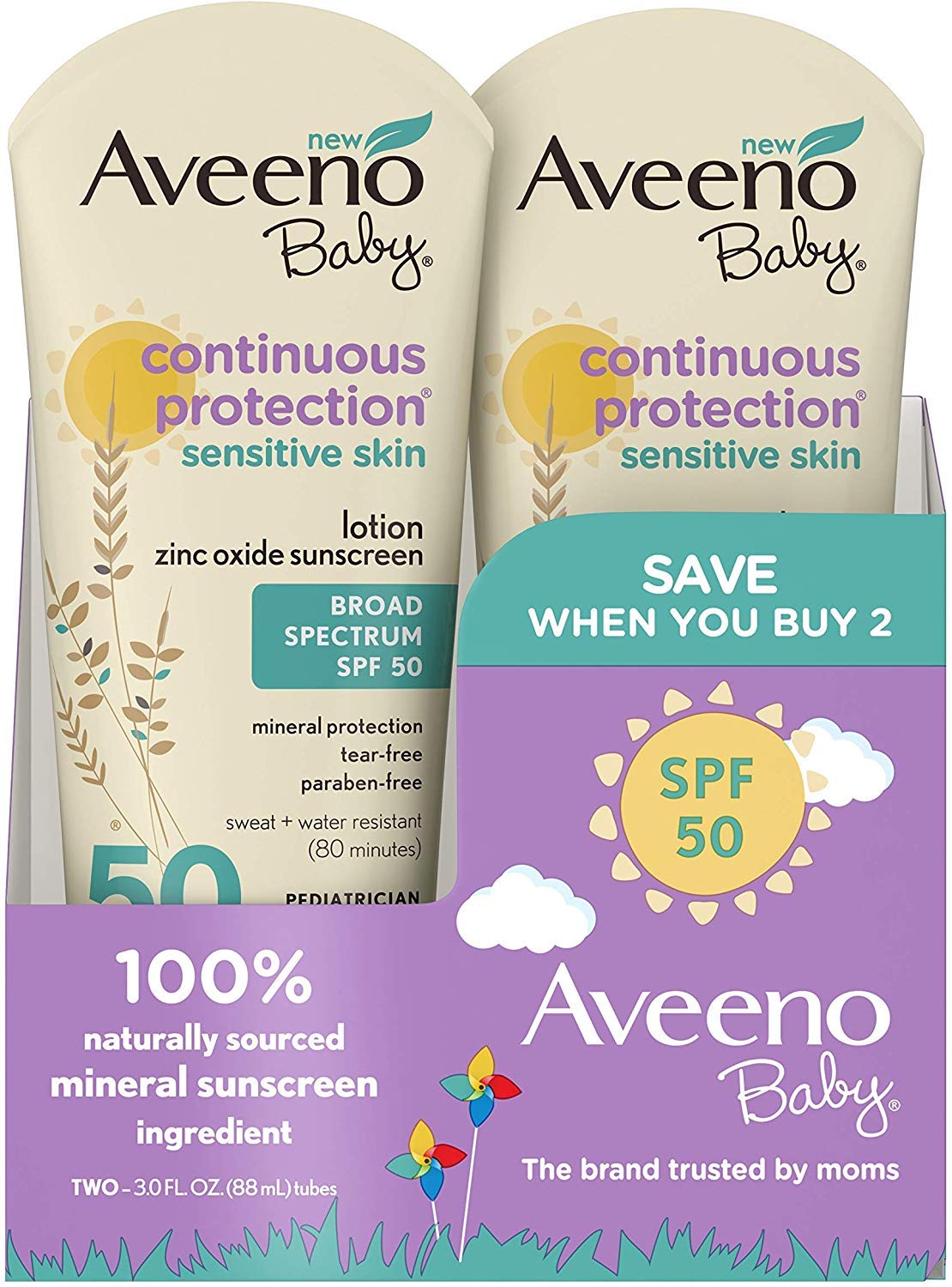 Aveeno Baby SPF#50 Continuous Protect Lotion Sensitive 3 Ounce (Pack of 2)