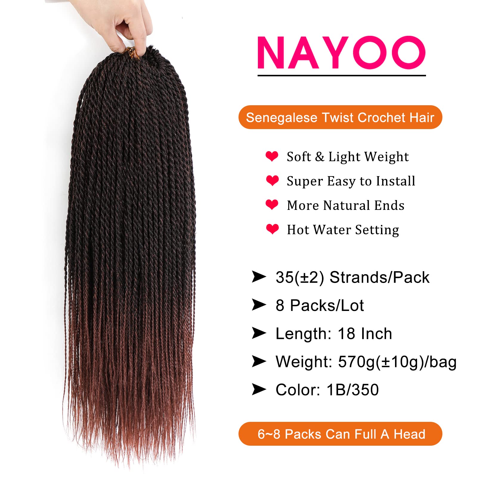 Nayoo Auburn Senegalese Twist Crochet Hair 18 Inch 8 Packs Braids Crochet Hair Pre-Looped, 35 Strands/Pack Cooper Crochet Twist