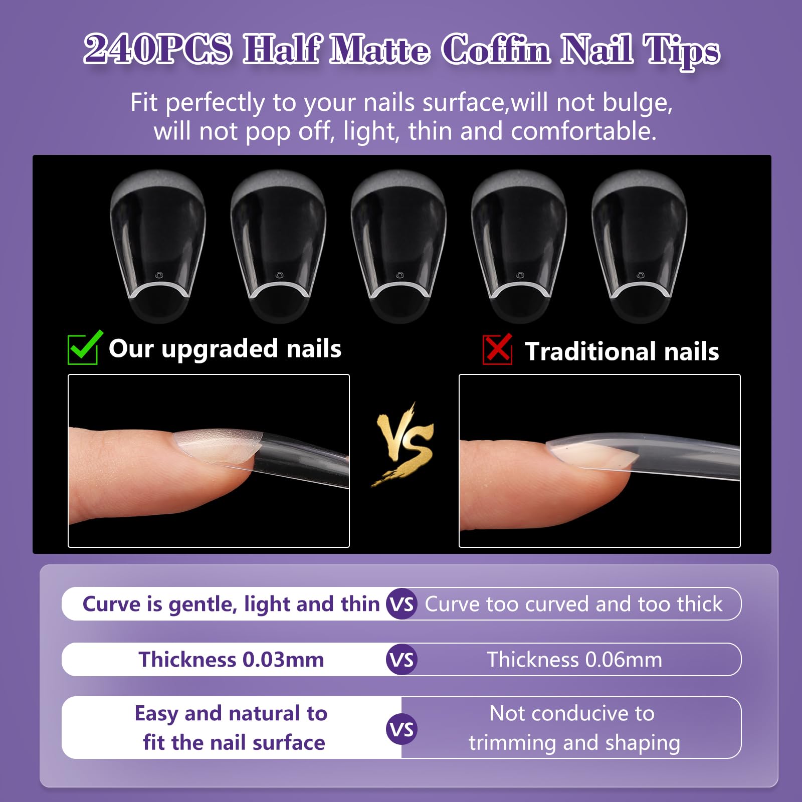 Clear Coffin Nail Tips, Gel Nail Tips For Acrylic Nails Professional,240Pcs Xl Nail Tips Half Matte Full Cover Ballerina Press O