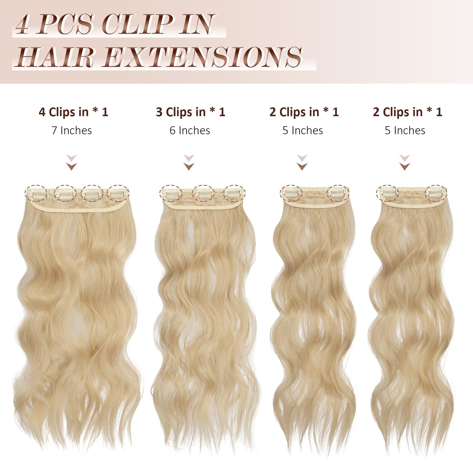 Feshfen Clip In Hair Extensions 4 Pcs Blonde Thick Highlighted Hairpieces Long Wavy Clip In Hair Piece Full Head Synthetic Hair