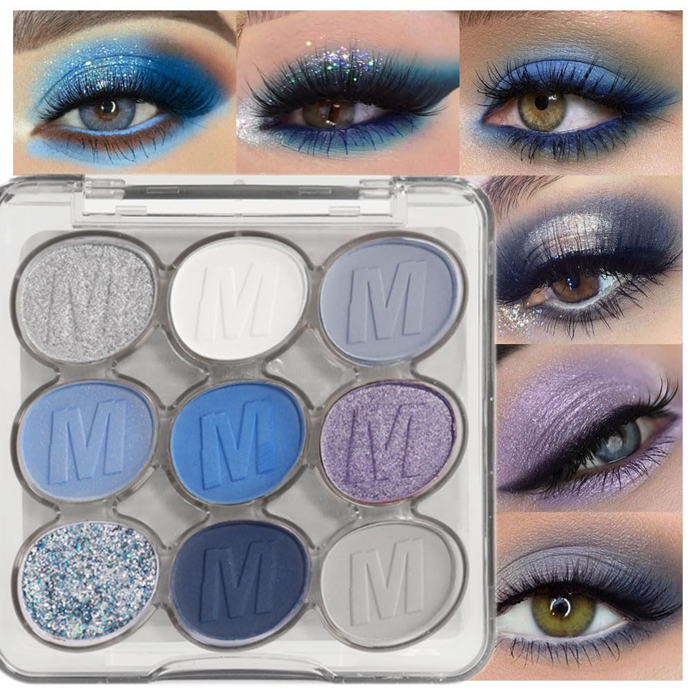 9 Colors Blue Silver Matte Shimmer Eyeshadow Palette for Eye Makeup,High Pigmented White Gray Eye Shadow Primers Powder Palet de