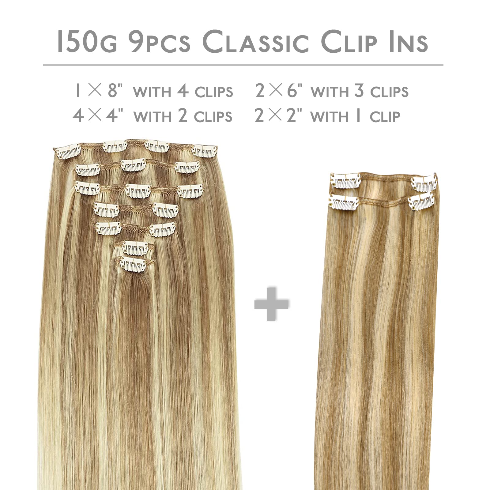 Wennalife Clip In Hair Extensions, 150G 18 Inch 9Pcs Light Blonde Highlighted Golden Blonde Human Hair Extensions Thicker Clip I