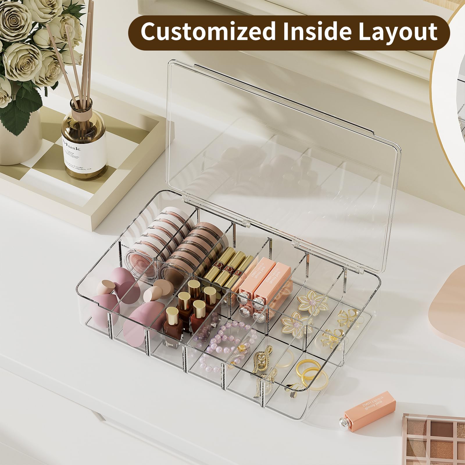 APLOP Clear Acrylic Makeup Organizer with Cover - 12 Compartments Cosmetic and Jewelry Organizer for Vanity and Desk Storage