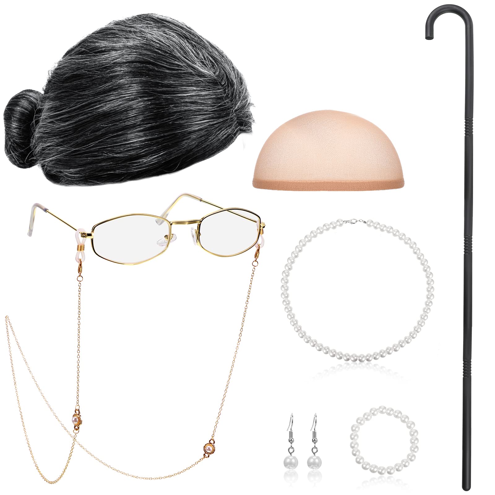 BBTO Old Lady Cosplay Set Grandma Gray Wig for Women Walking Cane Glasses Chain Cords Faux Pearl Bead Necklace(Black-Gray Bun Wi