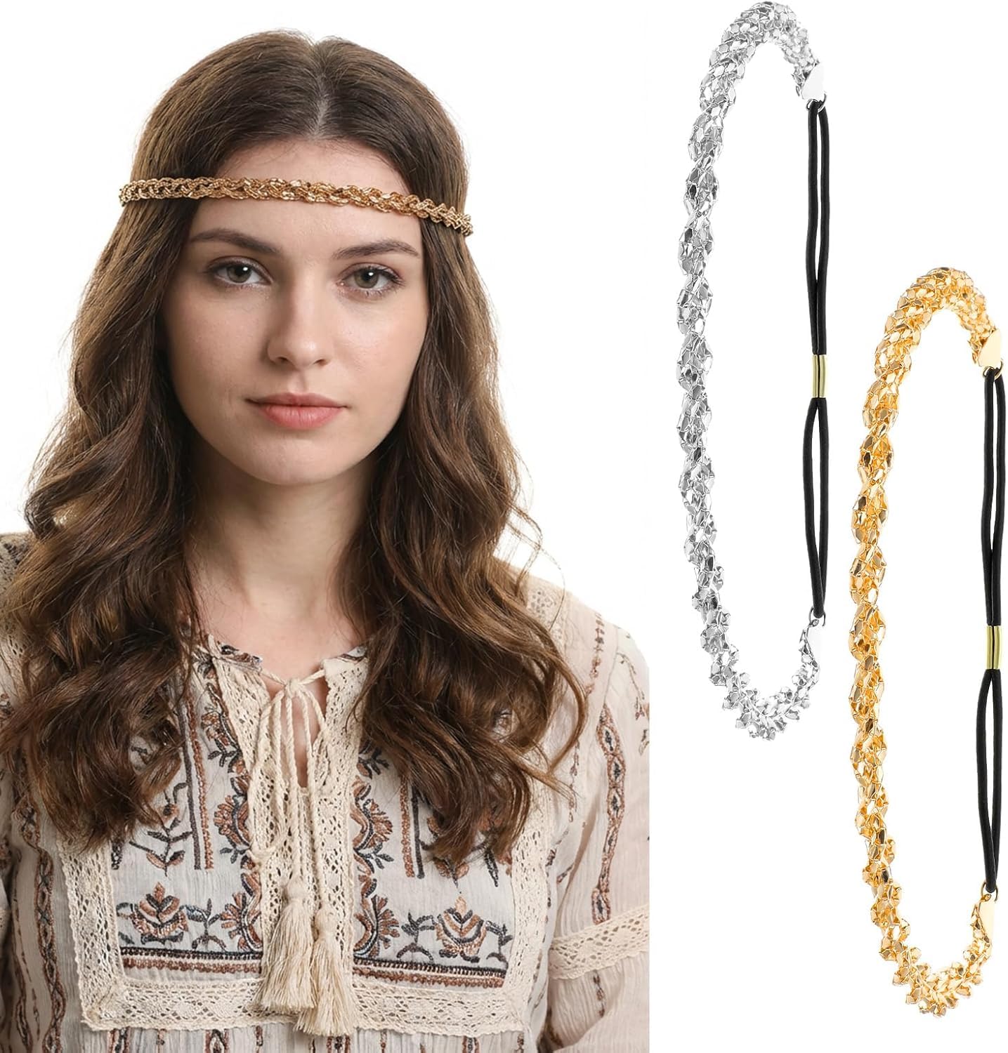 2Pcs Head Chain For Women, Forehead Jewellery For Women, Elegant Hair Accessory, Two Pieces In Gold And Silver Colours, Versatil