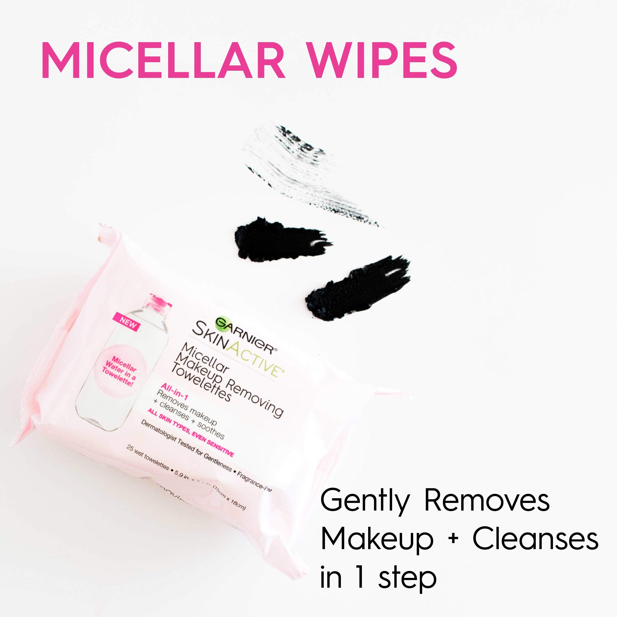 Garnier Micellar Facial Cleanser & Makeup Remover Wipes, Gentle For All Skin Types (25 Wipes), 2 Count (Packaging May Vary)