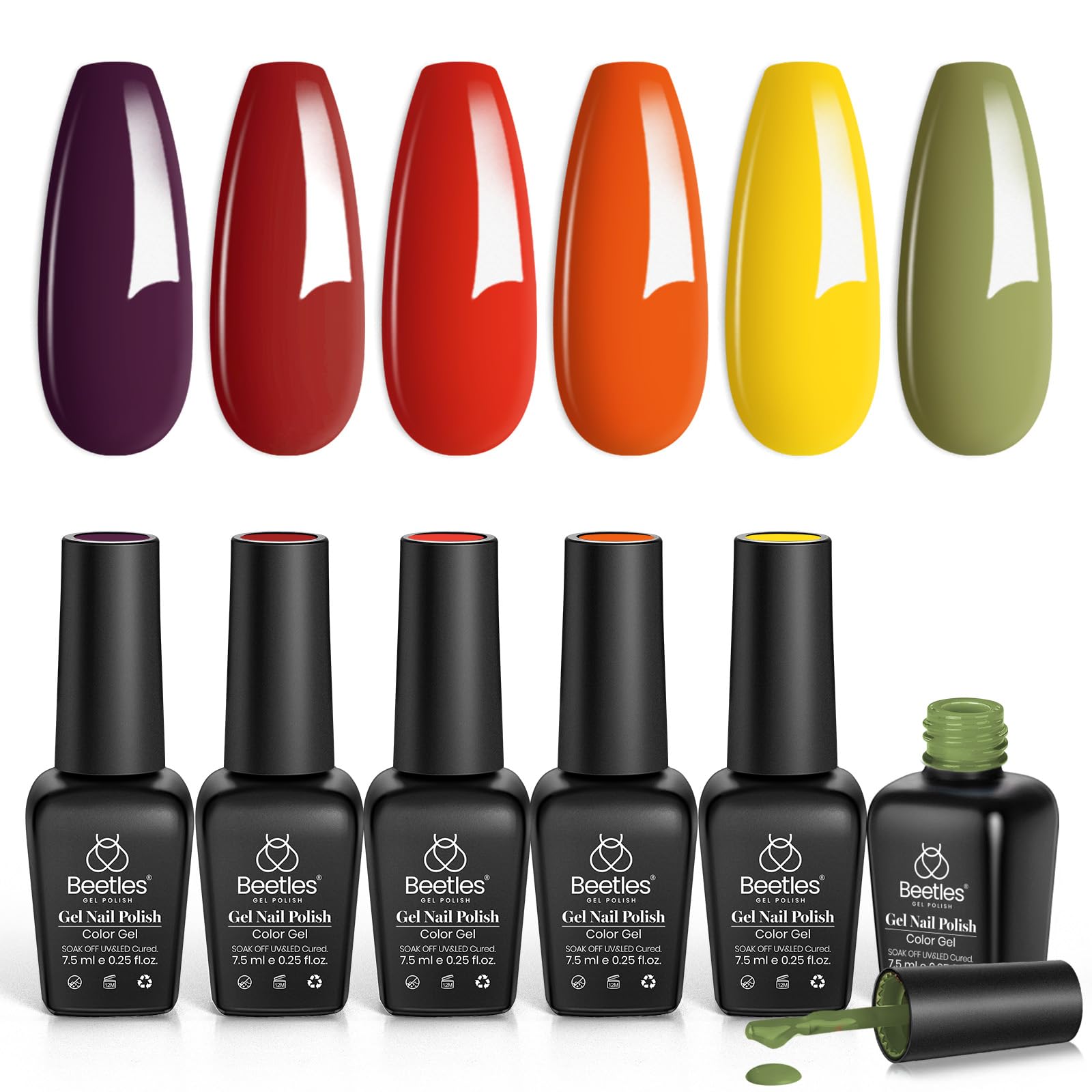 beetles 6 Colors Gel Polish Set, Burgundy Red Green Orange Gel Nail Polish Colors Sunset Leaves Nail Polish Soak Off Nail Art La