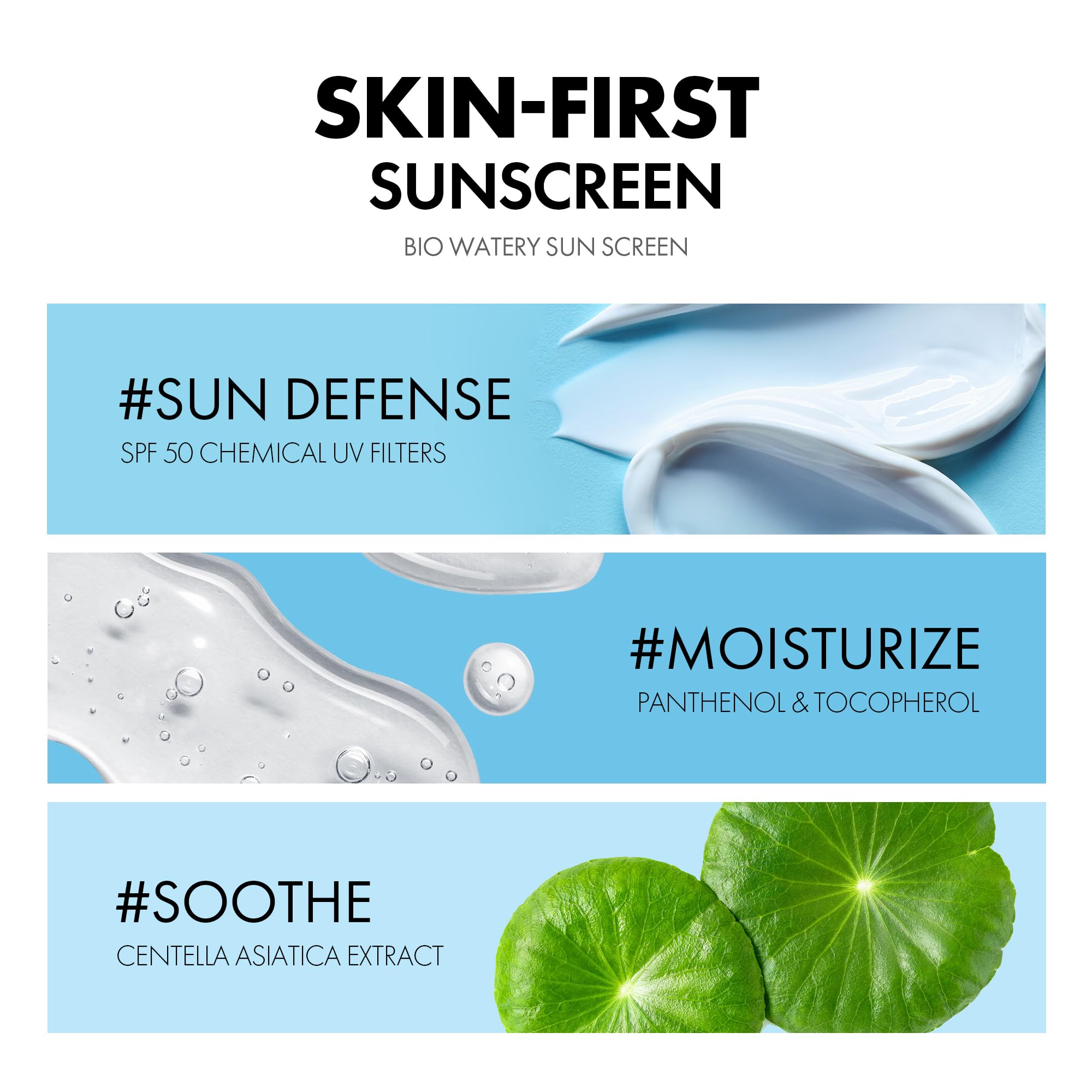 Bio Watery Sunscreen SPF 50 Broad Spectrum Korean Facial Sun Cream with Hyaluronic Acid - Lightweight Daily Face Sunblock Lotion