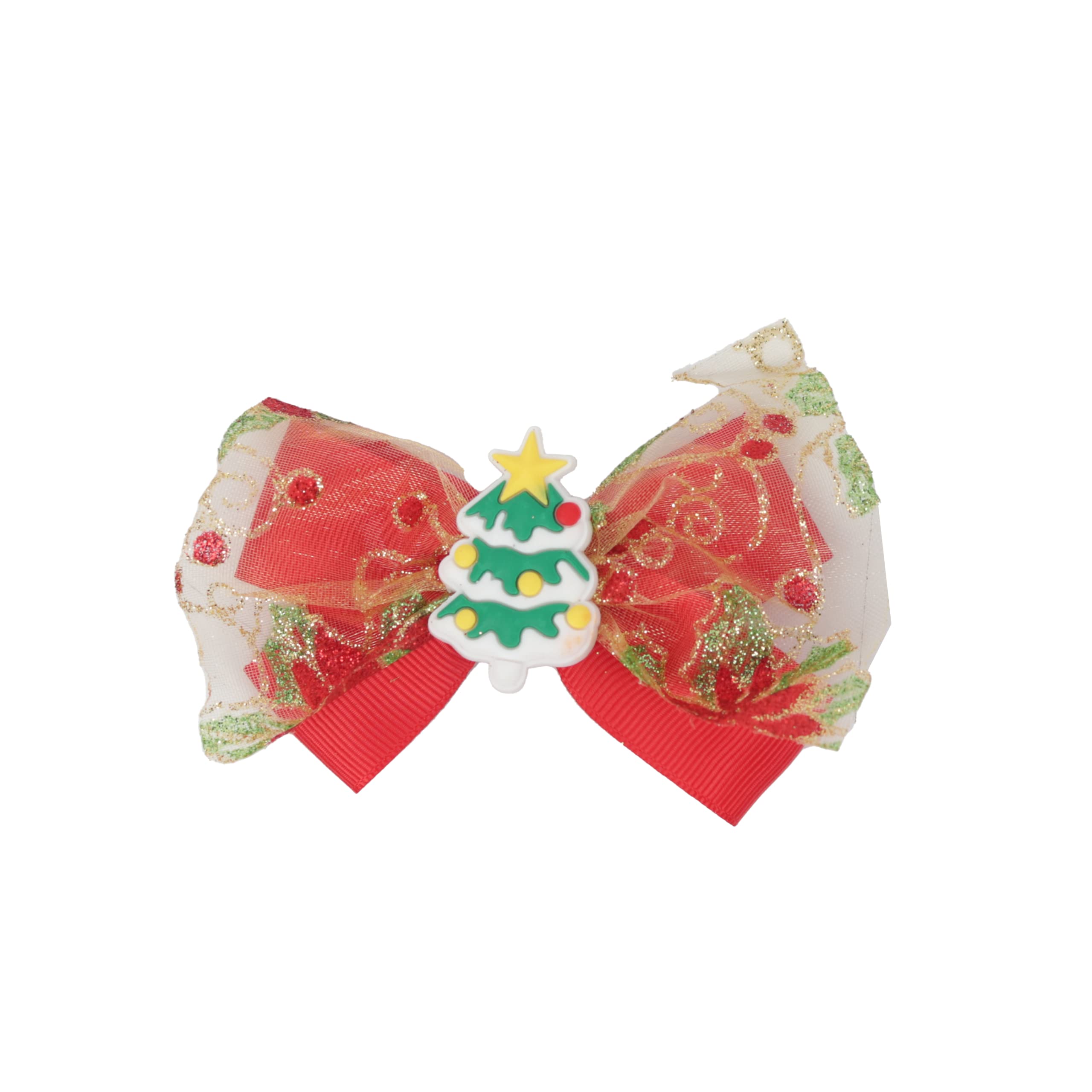 Hair Bow Sparkle Christmas Bow with Silicone Charm - Red Tree