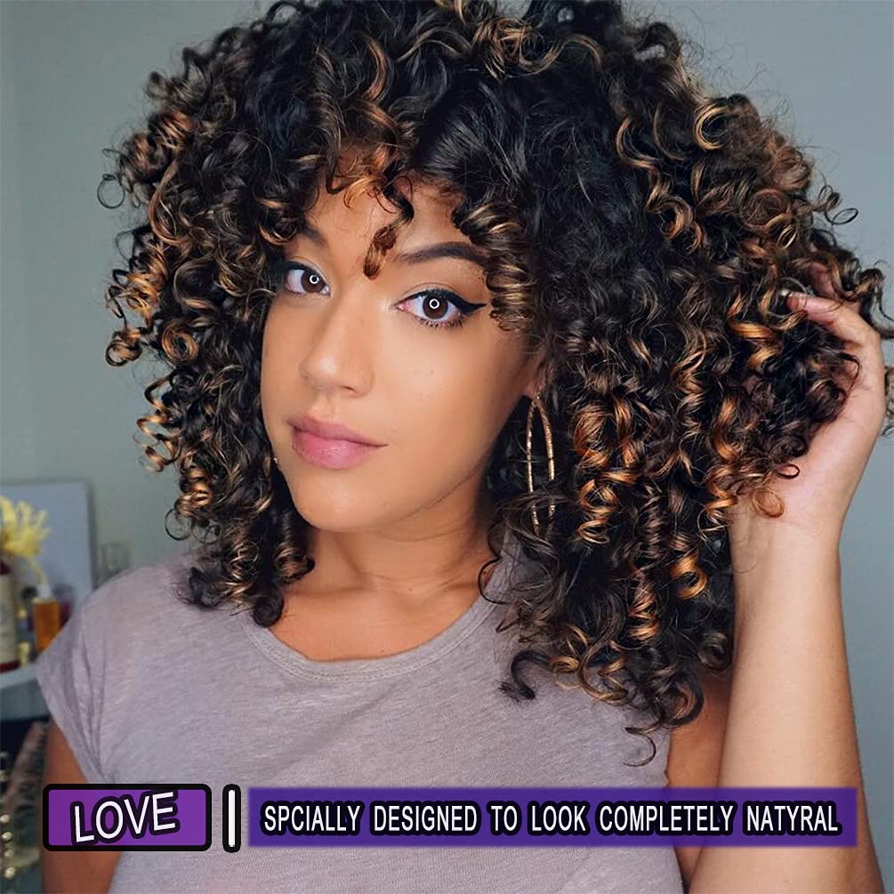 Yeame Curly Wigs For Black Women - Kinky Curly Afro Wig With Bangs 2 Tone Brown Mixed Black Color Synthetic Hair African Wigs Wi