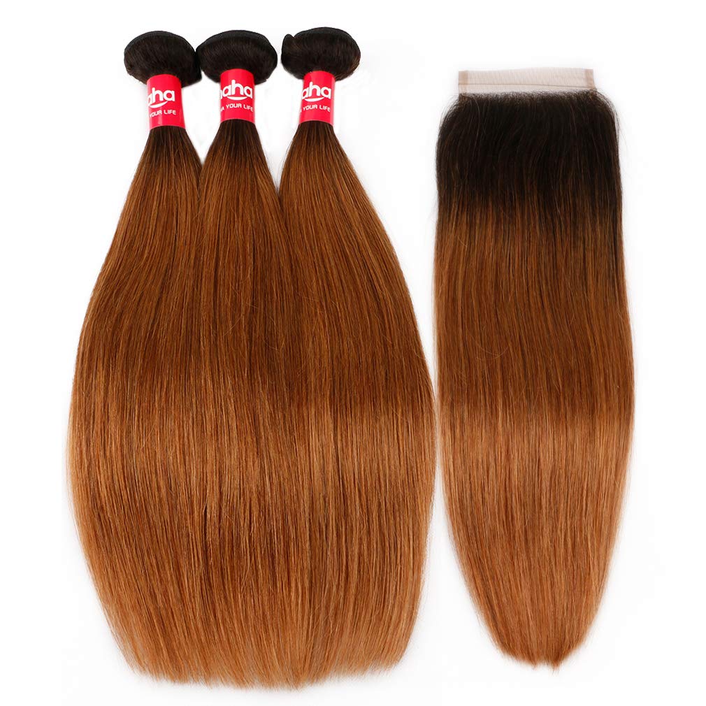 Haha Ombre Brazilian Straight Hair 3 Bundles With Closure 10A Ombre Human Hair Bundles With 4X4 Lace Closure 1B/30 2 Tones Ombre