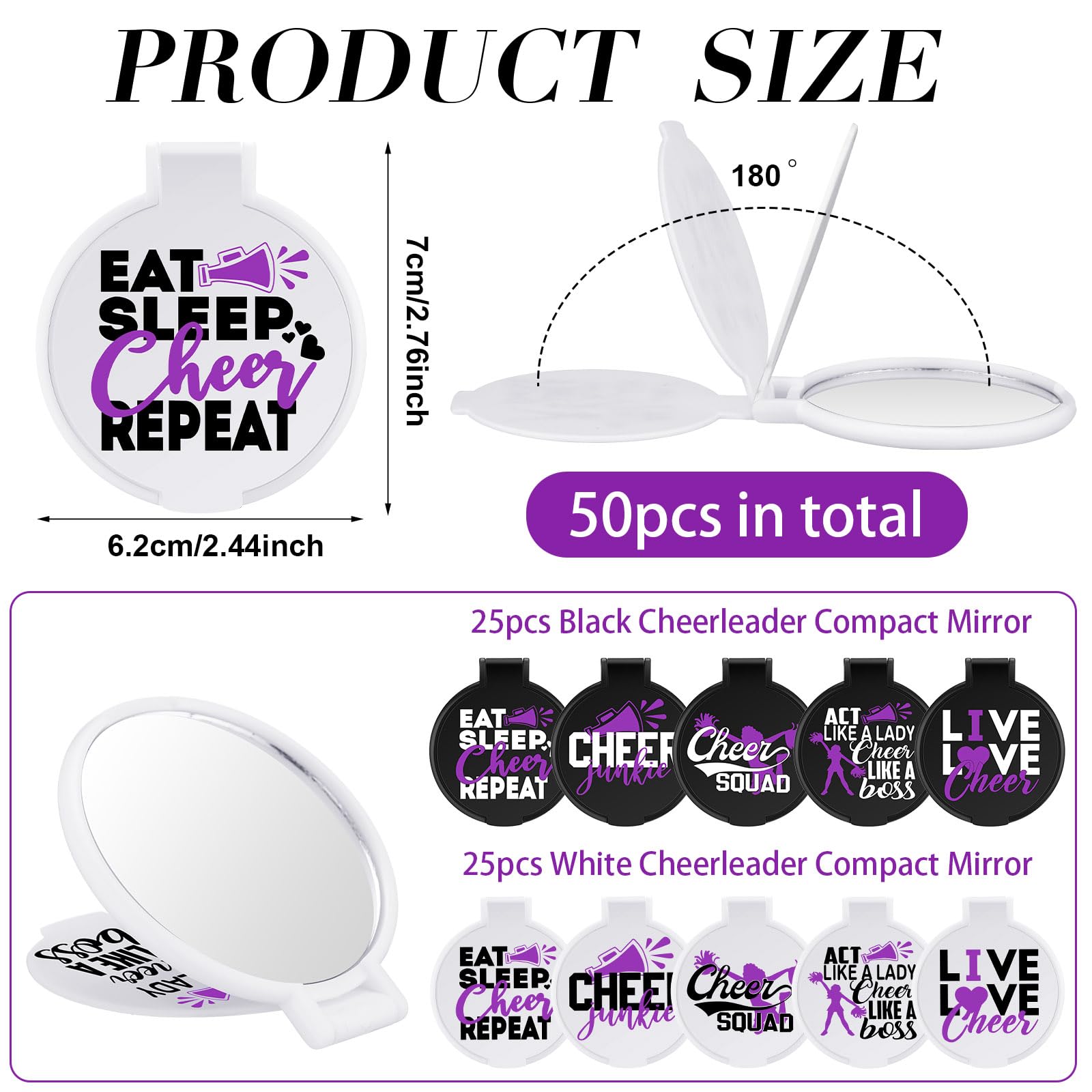Wenqik 50 Pcs Cheerleader Mirror Gifts Cheerleading Compact Mirror Bulk Folding Pocket Mirror Cheer Party Favors For Team(Purple