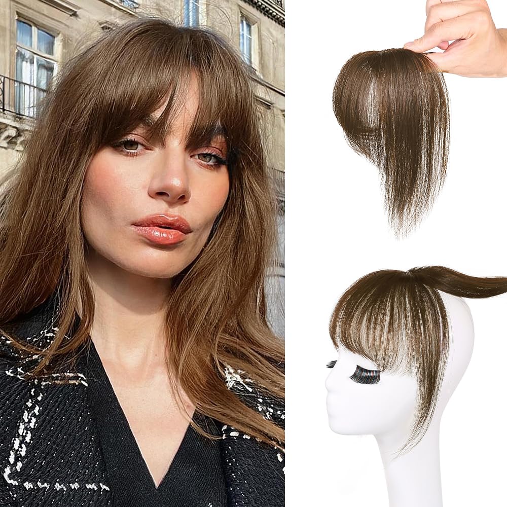 MISNEY Bangs Hair Clip,Light Brown Clip in Bangs 100% Human Remy Hair Bangs,Wispy Clip on Hair Extensions,Fringe with Temples Ha