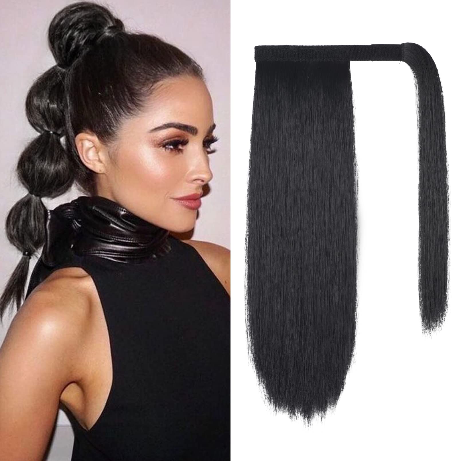 SEIKEA Clip in Ponytail Extension Wrap Around Straight Hair for Women (16 ' ', Black)