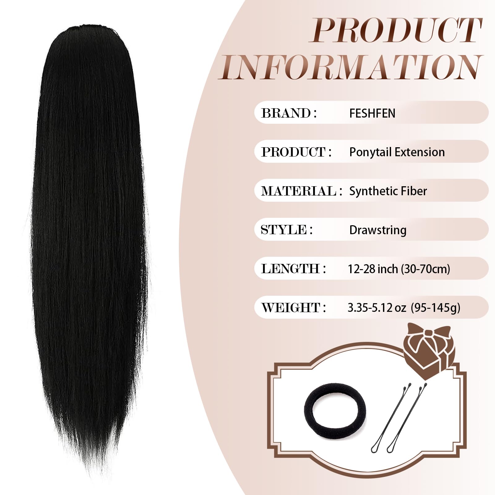 Feshfen Drawstring Ponytails Extension Long Straight Pony Tails Natural Synthetic Hairpiece Clip In Ponytails Hairpieces For Wom