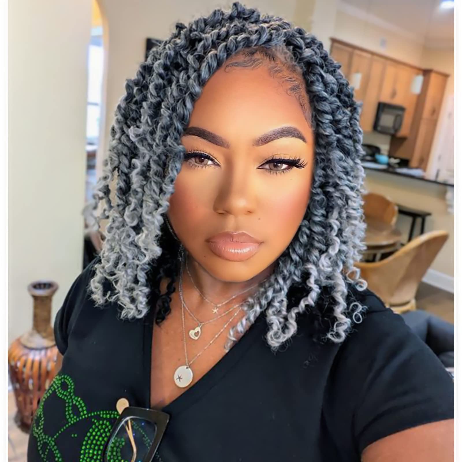 Pre-twisted Passion Twist Hair 10 Inch 8 packs Short Passion Twist Crochet Hair Pre-looped Crochet Braids for Women Kids Gray Pa