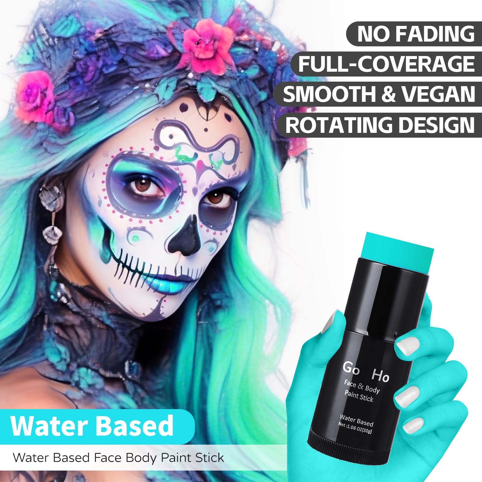 Go Ho Teal Face Body Paint Stick,Water Based Washable Teal Face Paint Stick,Non-Toxic Full-Coverage Cream Teal Body Paint For Ad