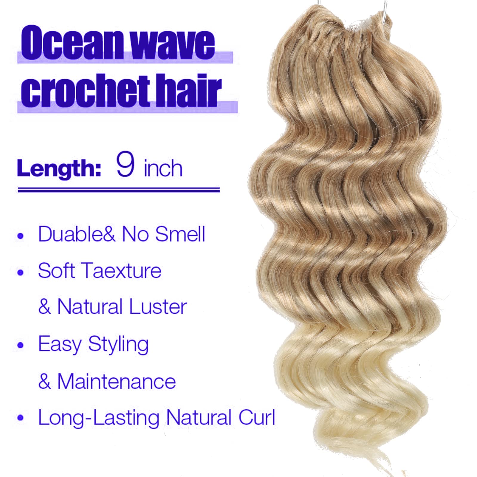 Blonde Ocean Wave Crochet Hair Pre Looped 9 Inch Curly Braiding Ocean Wave Hair 7 Packs Deep Wave Short Wavy Ocean Wave Crochet