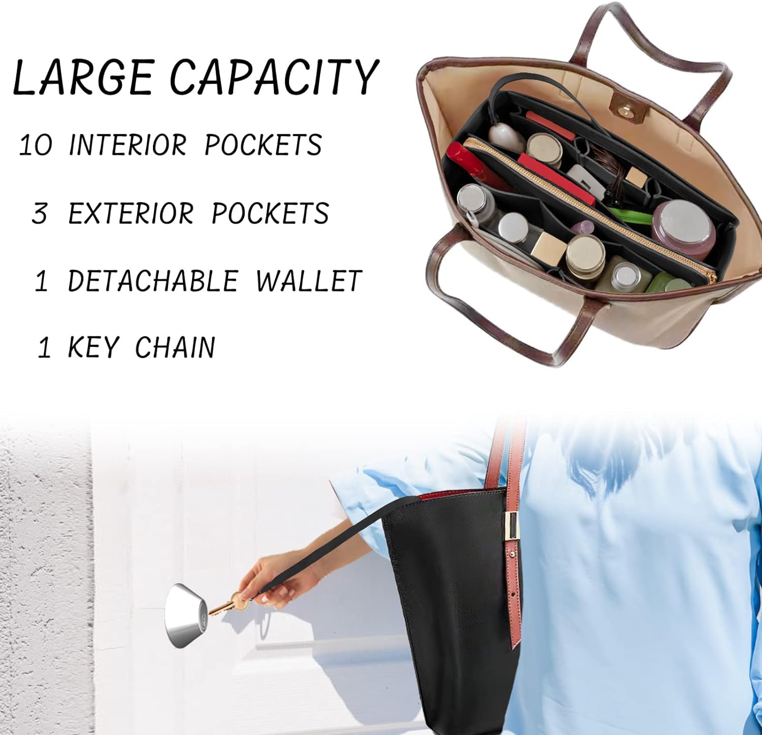 DailyPlus Purse Organizer Insert with Zipper & Key Chain Felt Bag Organizer for Tote Purse Handbag Black XLarge