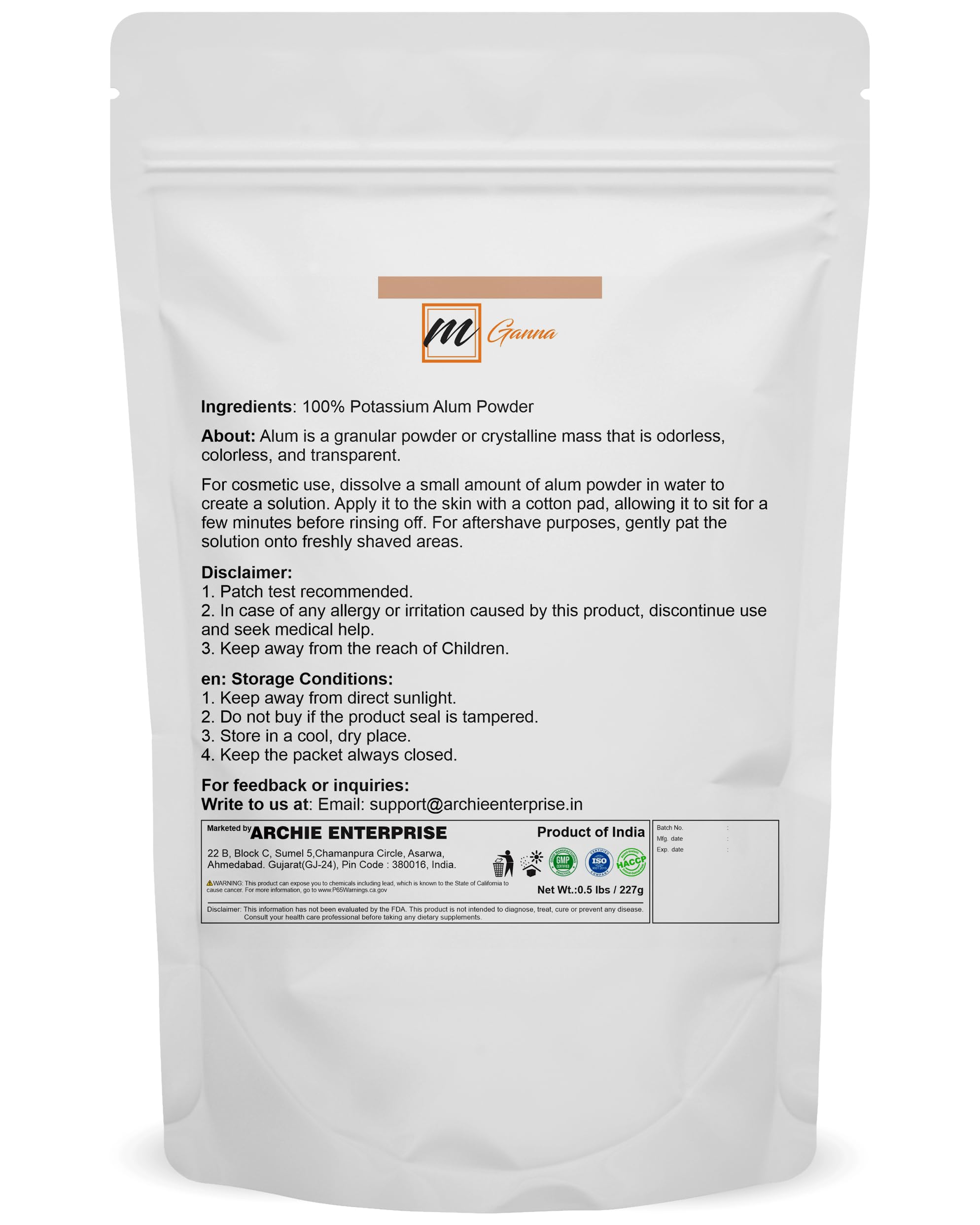 mGanna 100% Natural Alum Powder for Skin and Health Care 227 GMS / 0.5 LBS