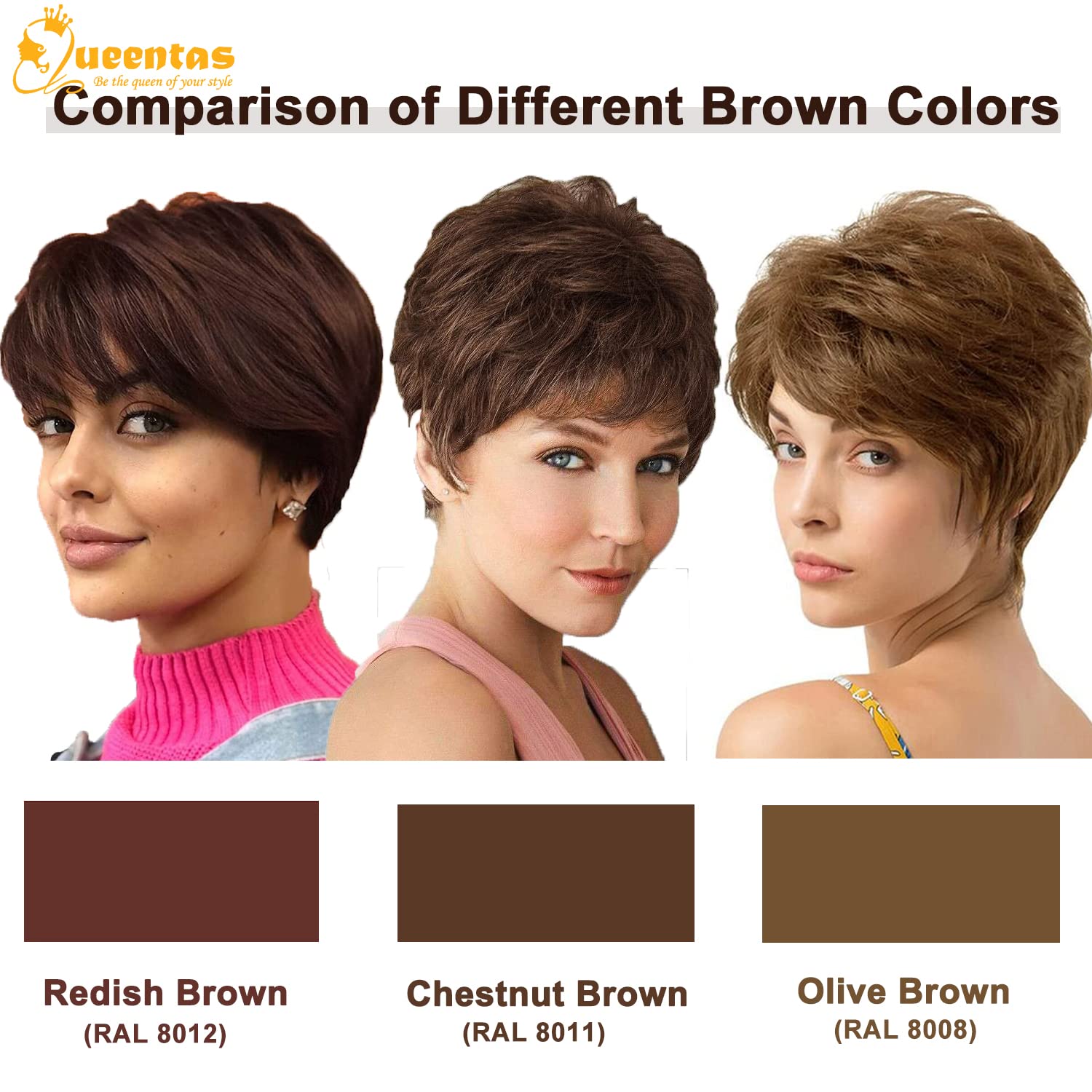 QUEENTAS Pixie Layered Short Chestnut Brown Wig Natural Curl Synthetic Hair Wigs for Women (Olive Brown)