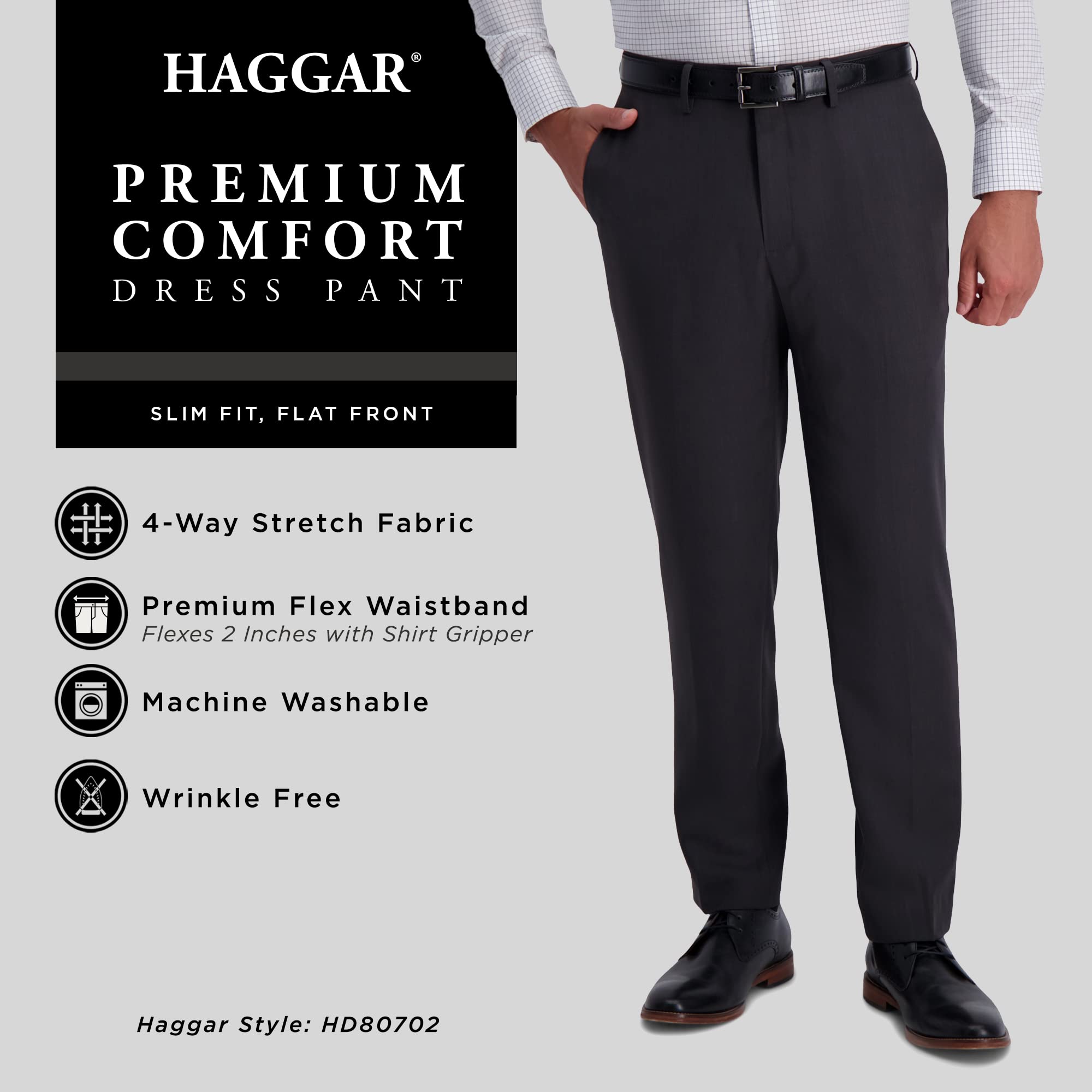 Haggar Mens Premium comfort Dress Slim Fit Flat Front Pant, Deep grey, 34W x 32L