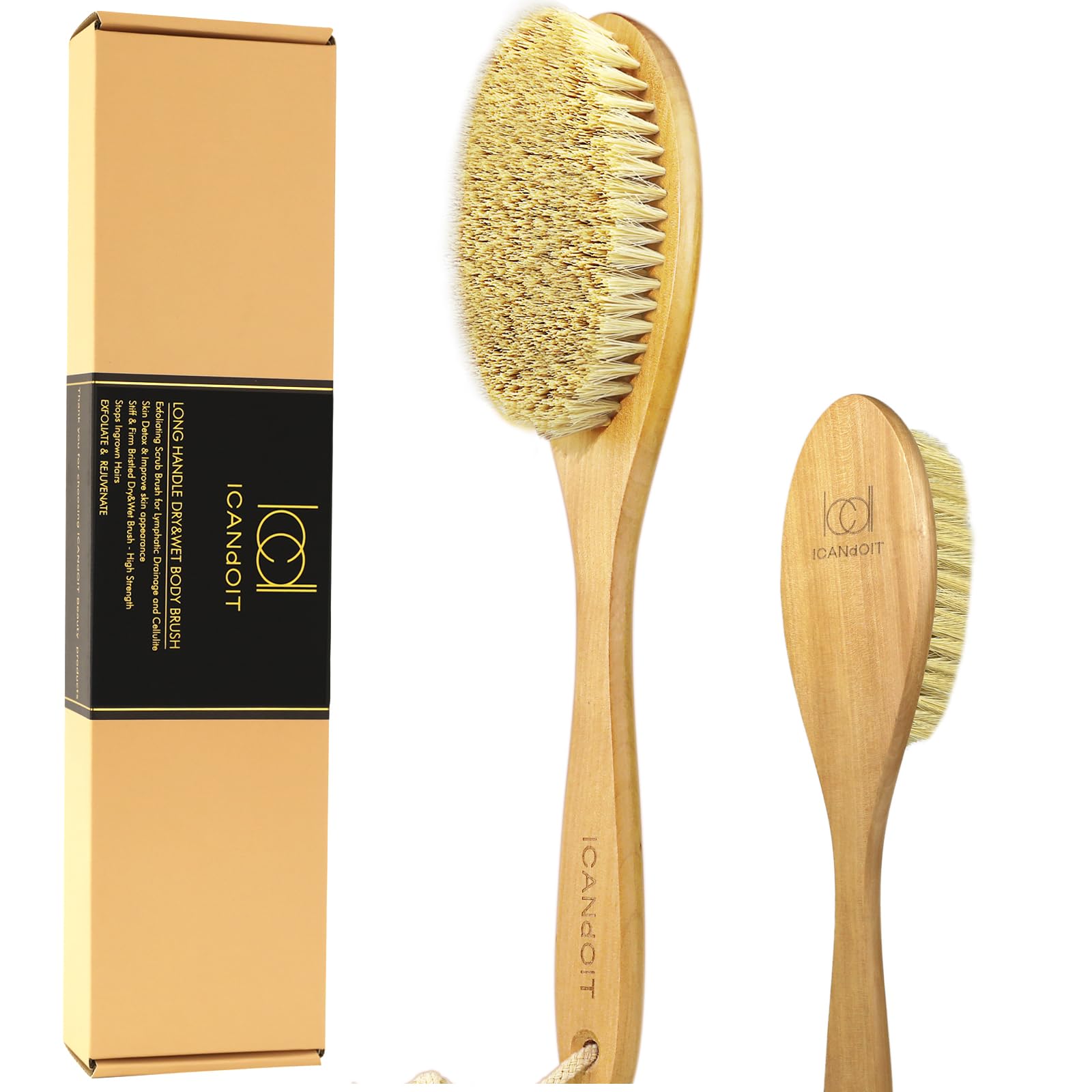 ICANdOIT Very Stiff Dry Brushing Body Brush for Men&Women, Long Handle Dry Skin Brush for Cellulite and Lymphatic Drainage with 