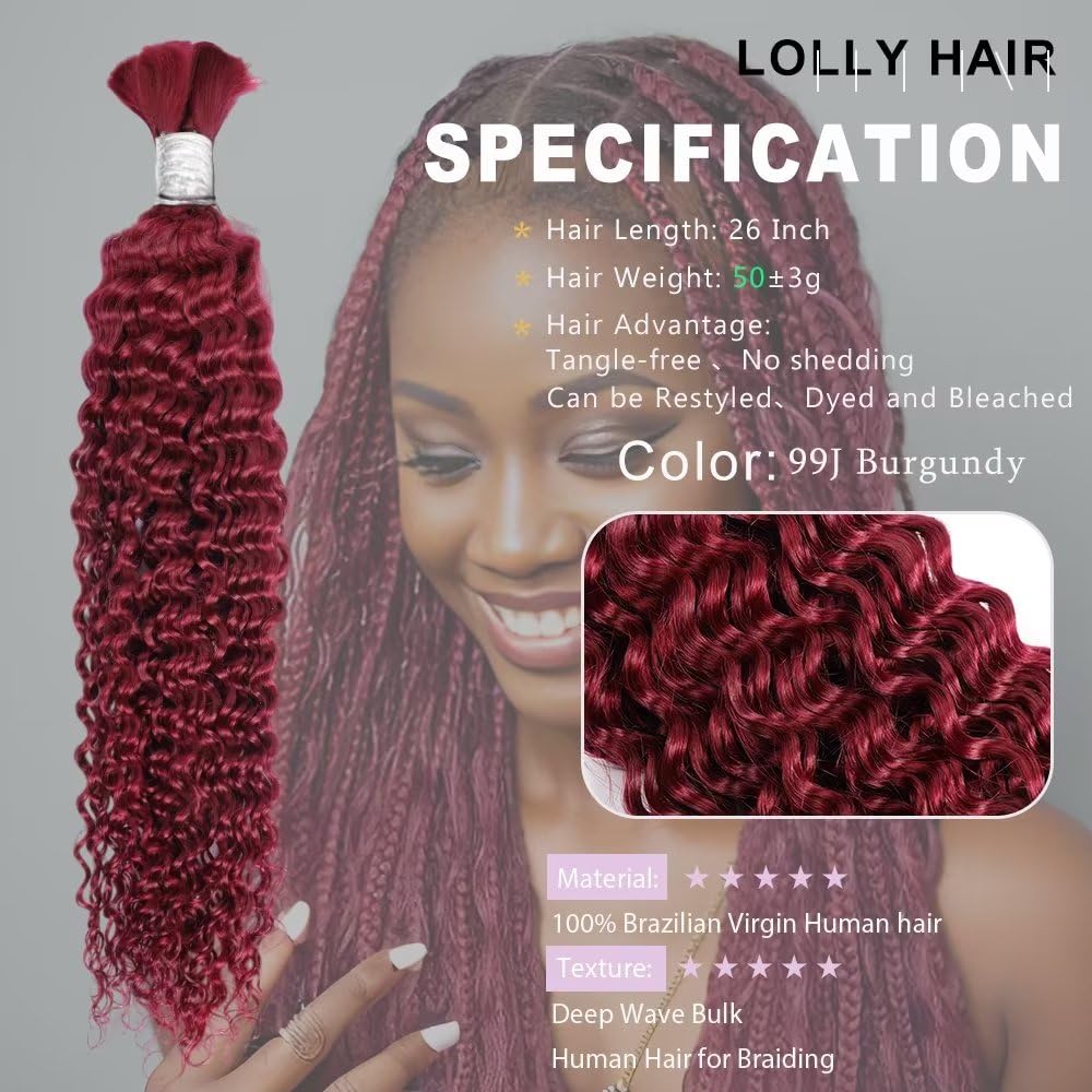 Human Braiding Hair 1 Bundle 50G 26 Inch Deep Water Wave Bulk Human Hair For Braiding No Weft 10A Brazilian Virgin Curly Human H