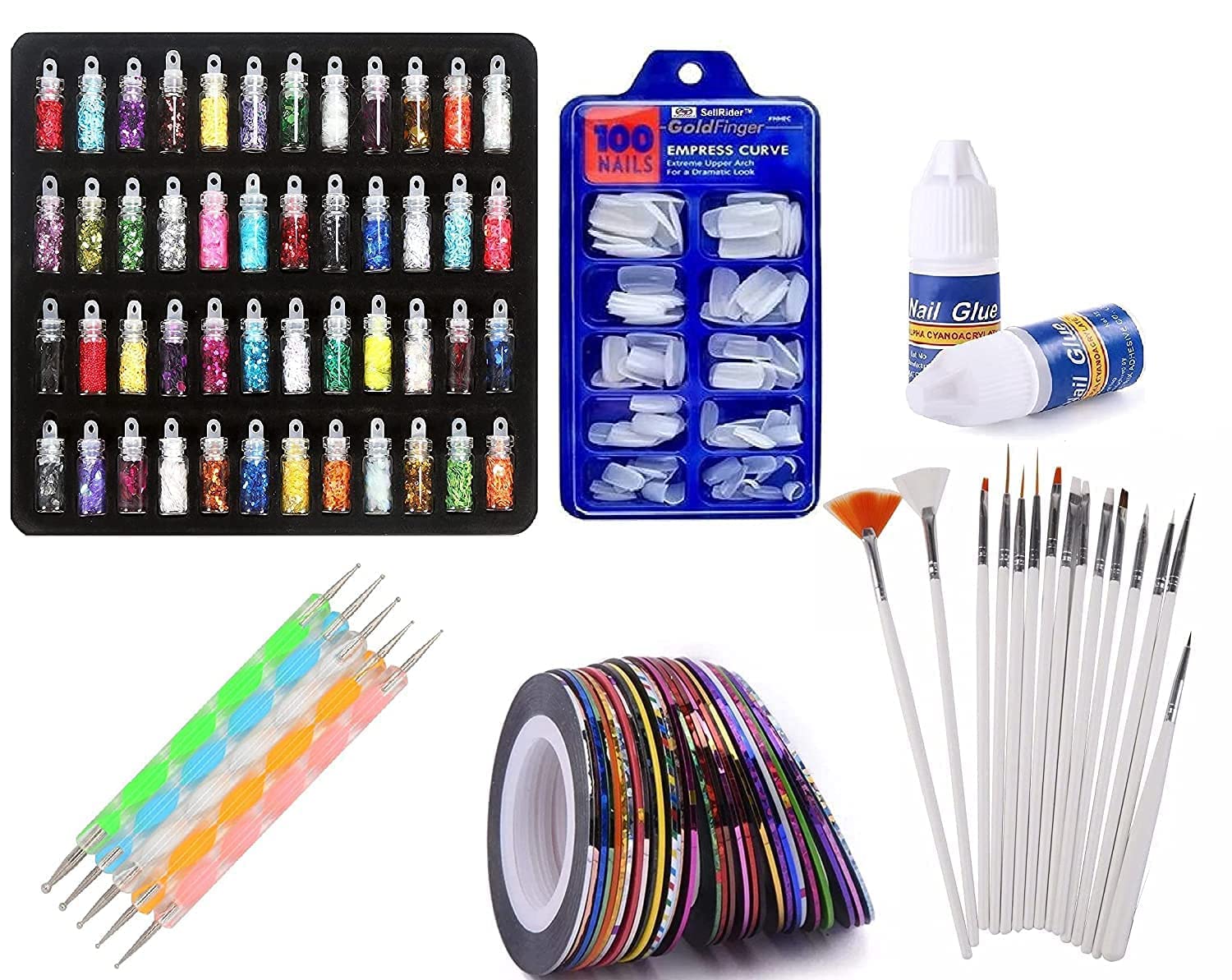 First Beauty Nail Art Kit With 48 Glitter Bottles, 100 False Nails, 5 Nail Art Tapes, 15 Brushes, 5 Dotting Pens, And 2 Nail Glu