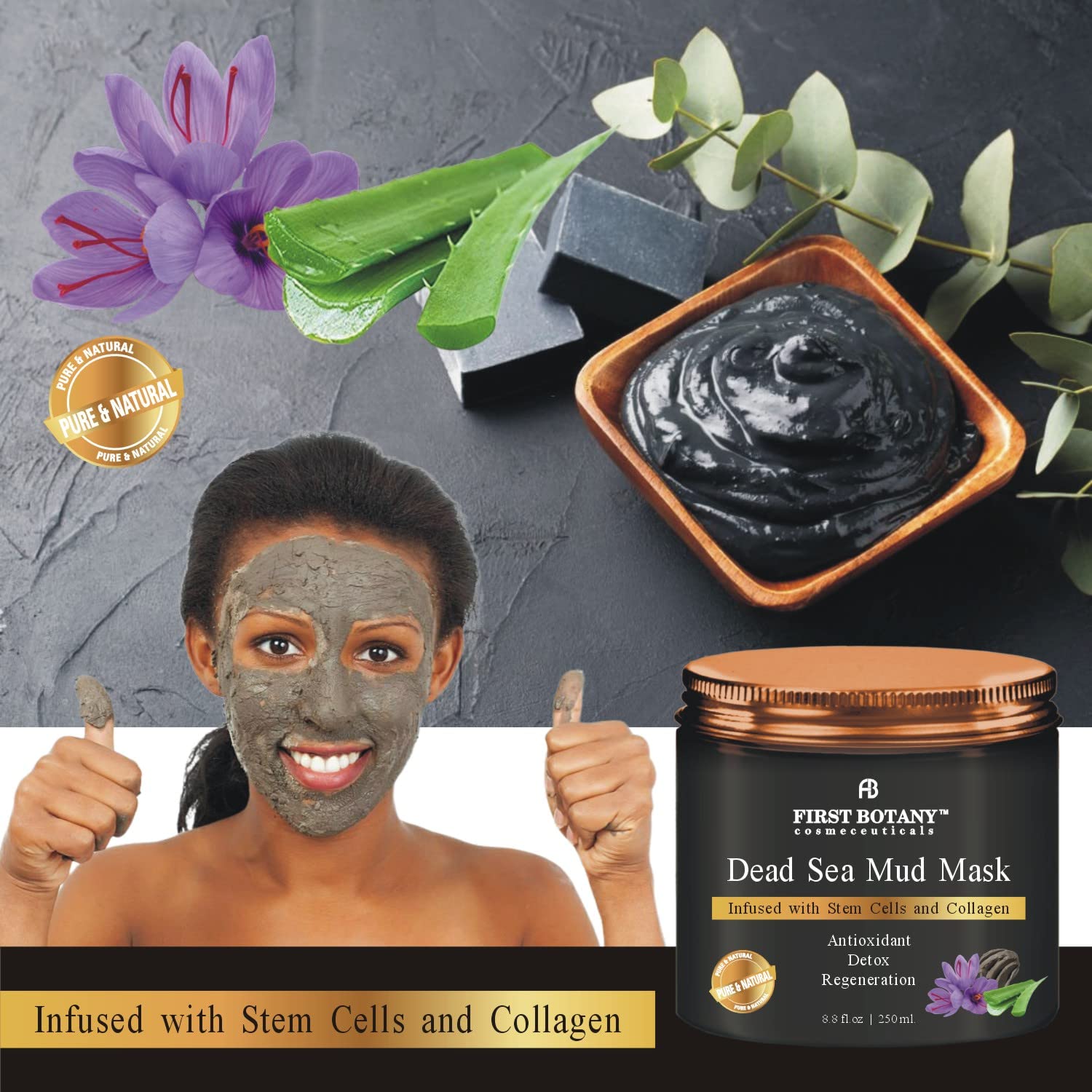 First Botany, 100% Natural Mineral-Infused Dead Sea Mud Mask 8.8oz Stem Cells Facial Treatment Skin Cleanser Pore Reducer Anti A
