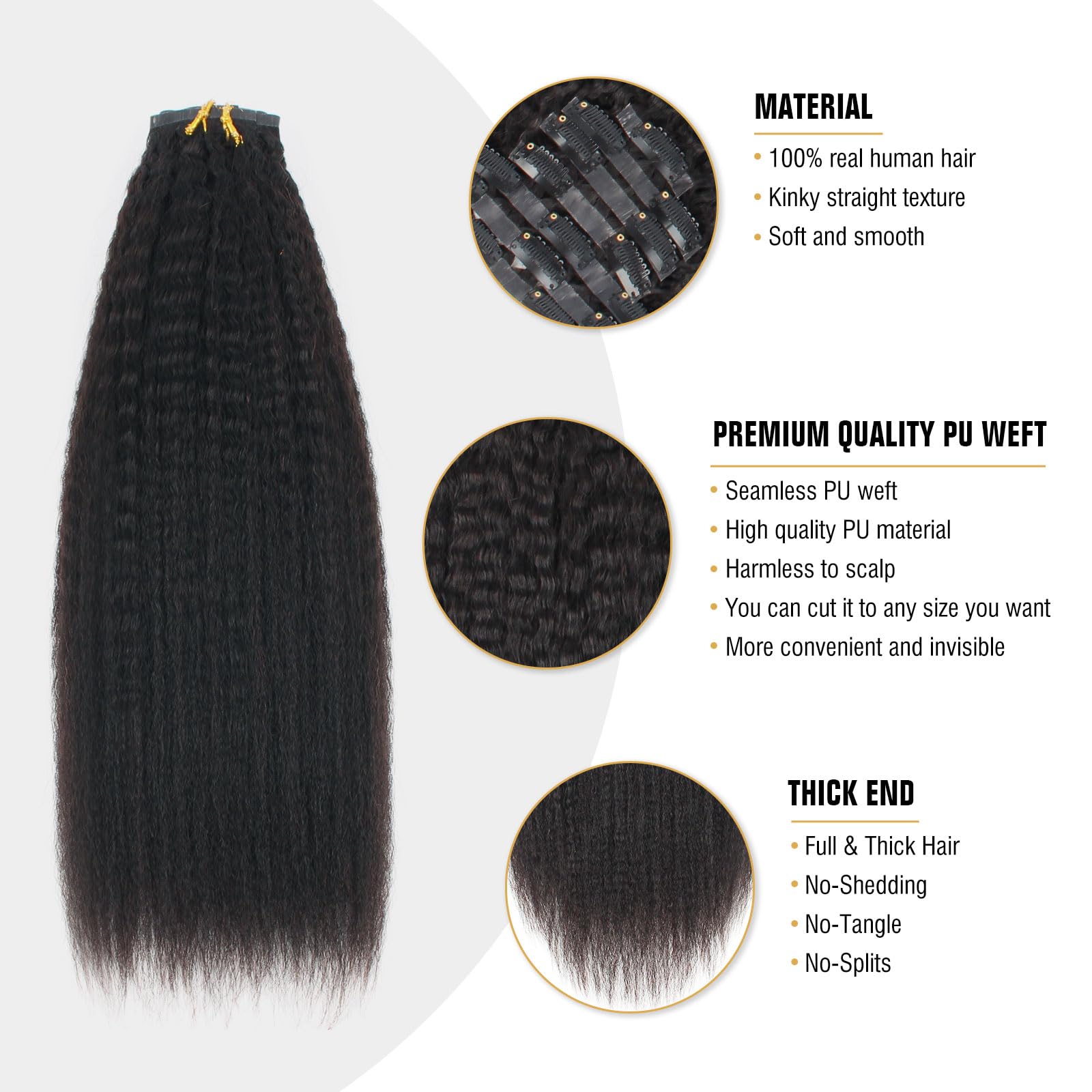 ABH AMAZINGBEAUTY HAIR Clip in Hair Extensions Real Human Hair Kinky Straight Seamless Clip ins Remy Human Hair Extensions Natur