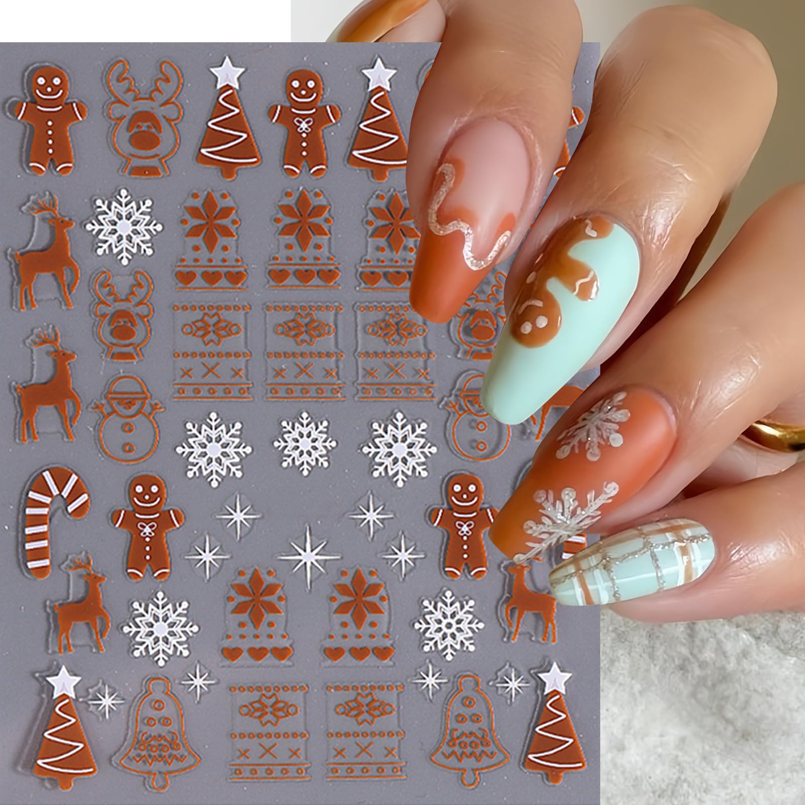 8 Sheets Christmas Nail Art Sticker Xmas Winter 3D Self-Adhesive Nail Decals Cute Snowmen Snowflake Gingerbread Man Nail Supplie