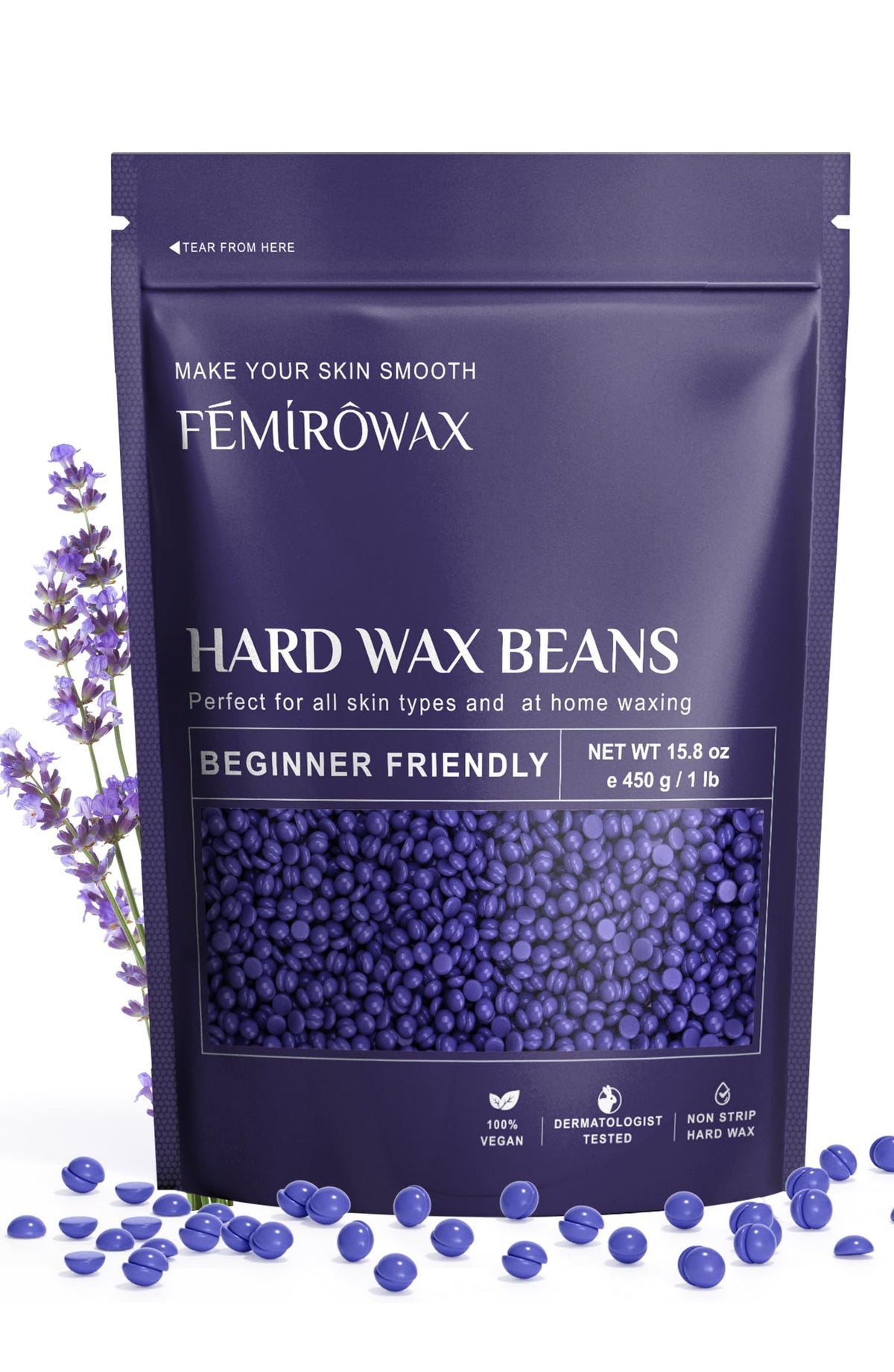 FEMIROWAX Wax Beads, 1lb Hard Wax Beans for Hair Removal Sensitive Skin with Lavender Formula Waxing Beads for Full Body Brazili