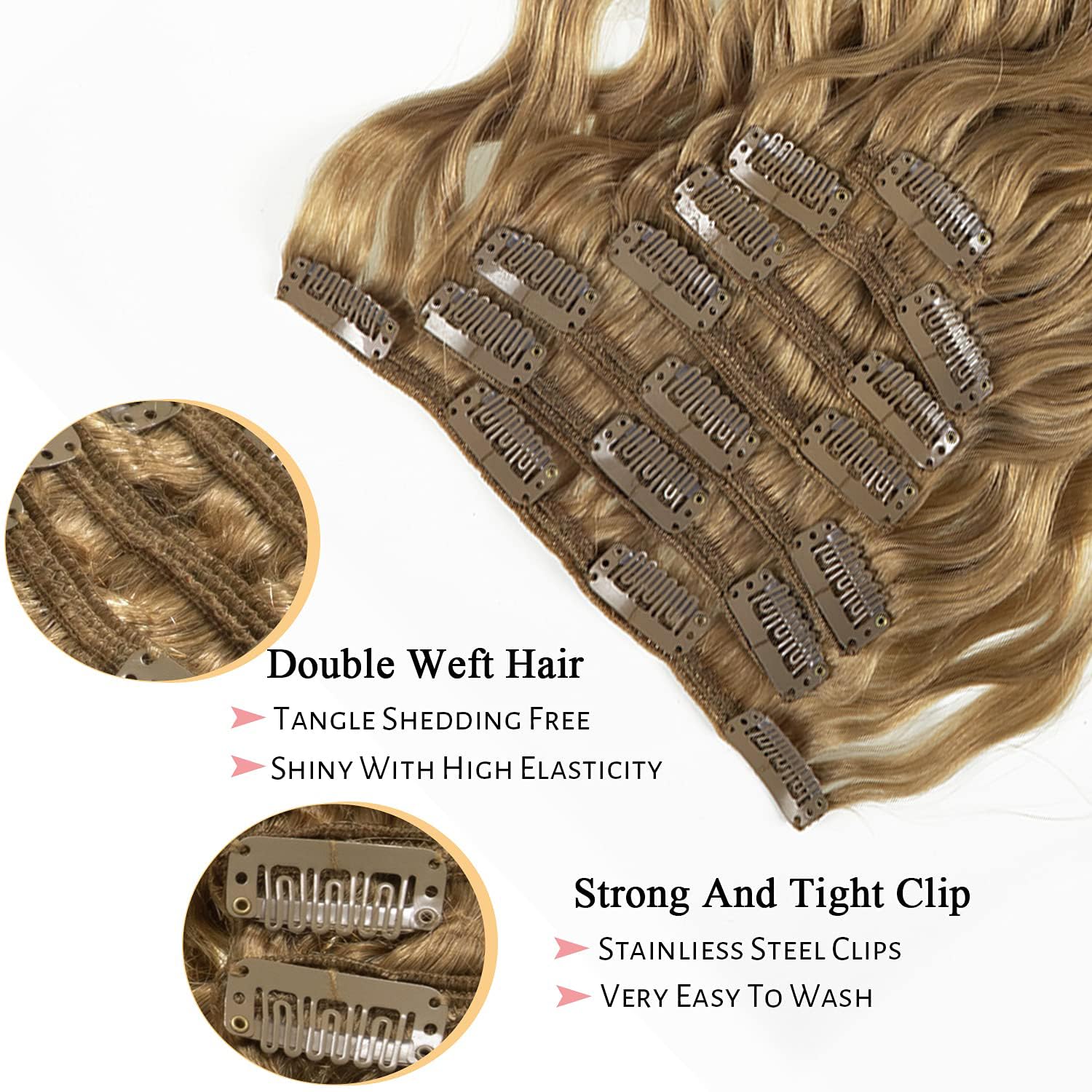 Lacerhair 18Inch Blonde Human Hair Extensions Curly Clip In Natural Wave Hair Extensions For Women Clip In Honey Blonde Hair Ext