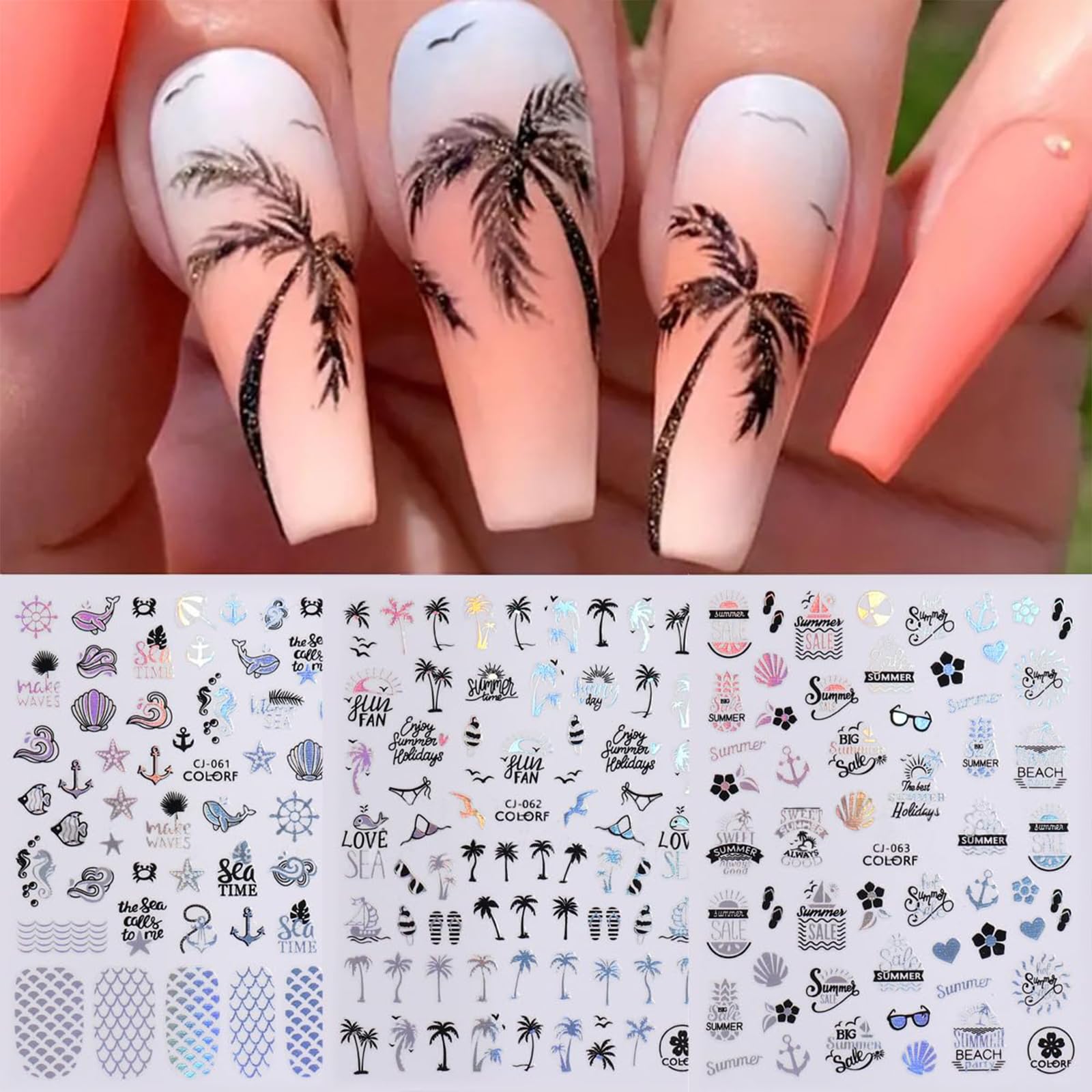 Votacos Summer Nail Stickers For Nail Art 6 Sheets Shell Nail Decals 3D Nail Design Self-Adhesive Nail Supplies Accessories Palm