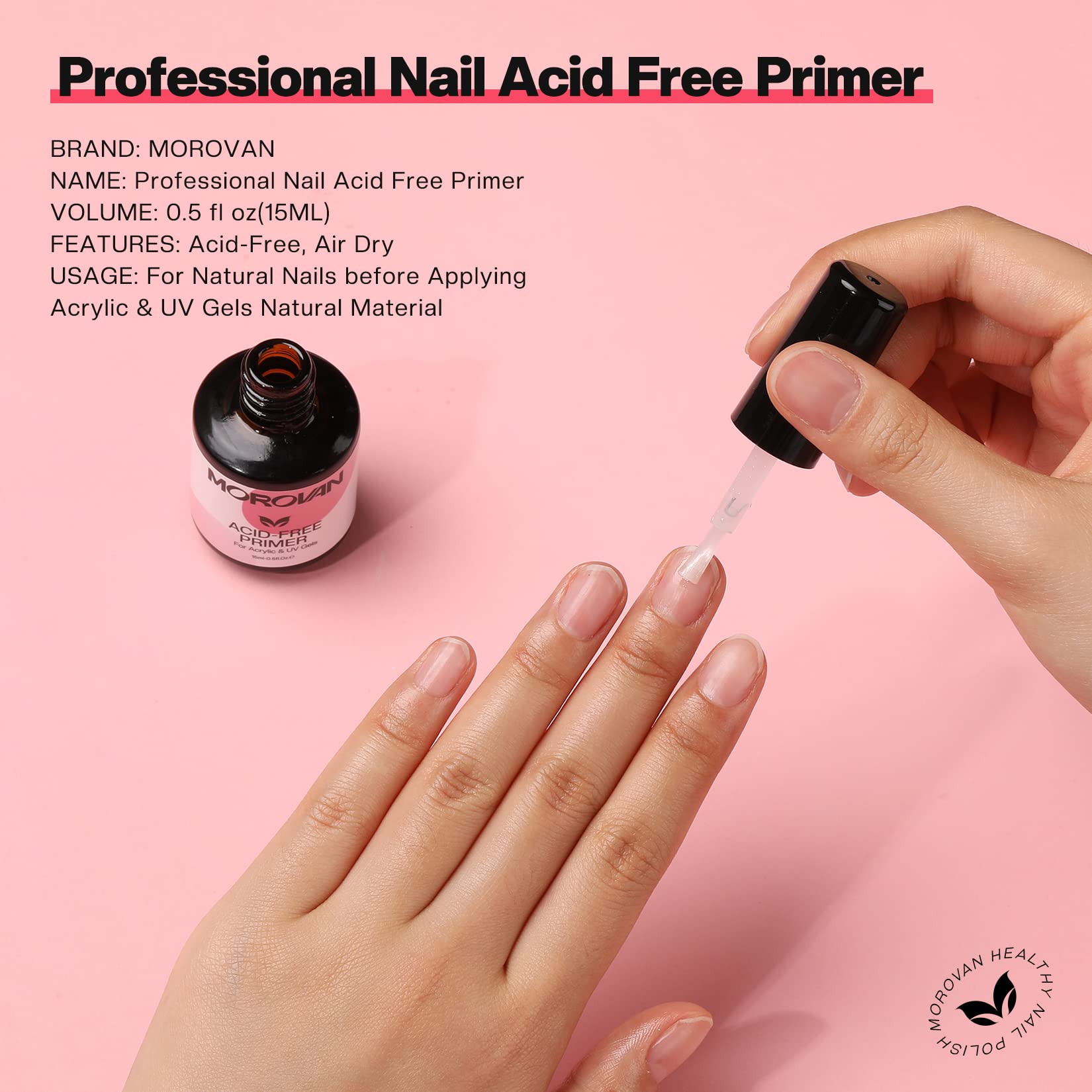 Morovan Acid Free Nail Primer - Professional Nail Primer for Acrylic and Gel Nail Polish No Lift Prep Bond 0.5 oz No Burn Fast A