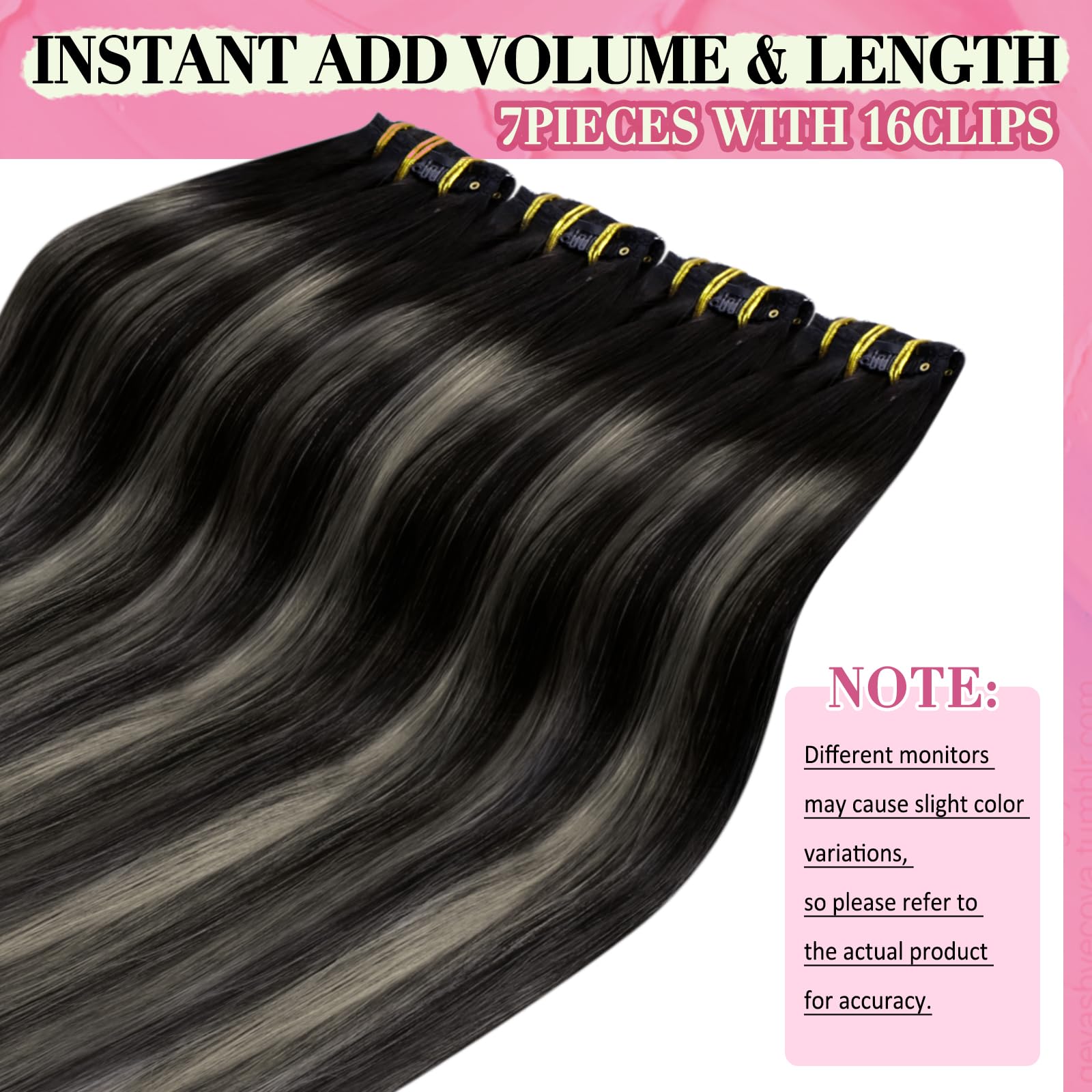 YoungSee 150G Clip in Extensions Ombre Clip in Hair Extensions Real Human Hair Black and Silver with Black Roots Clip in Extensi
