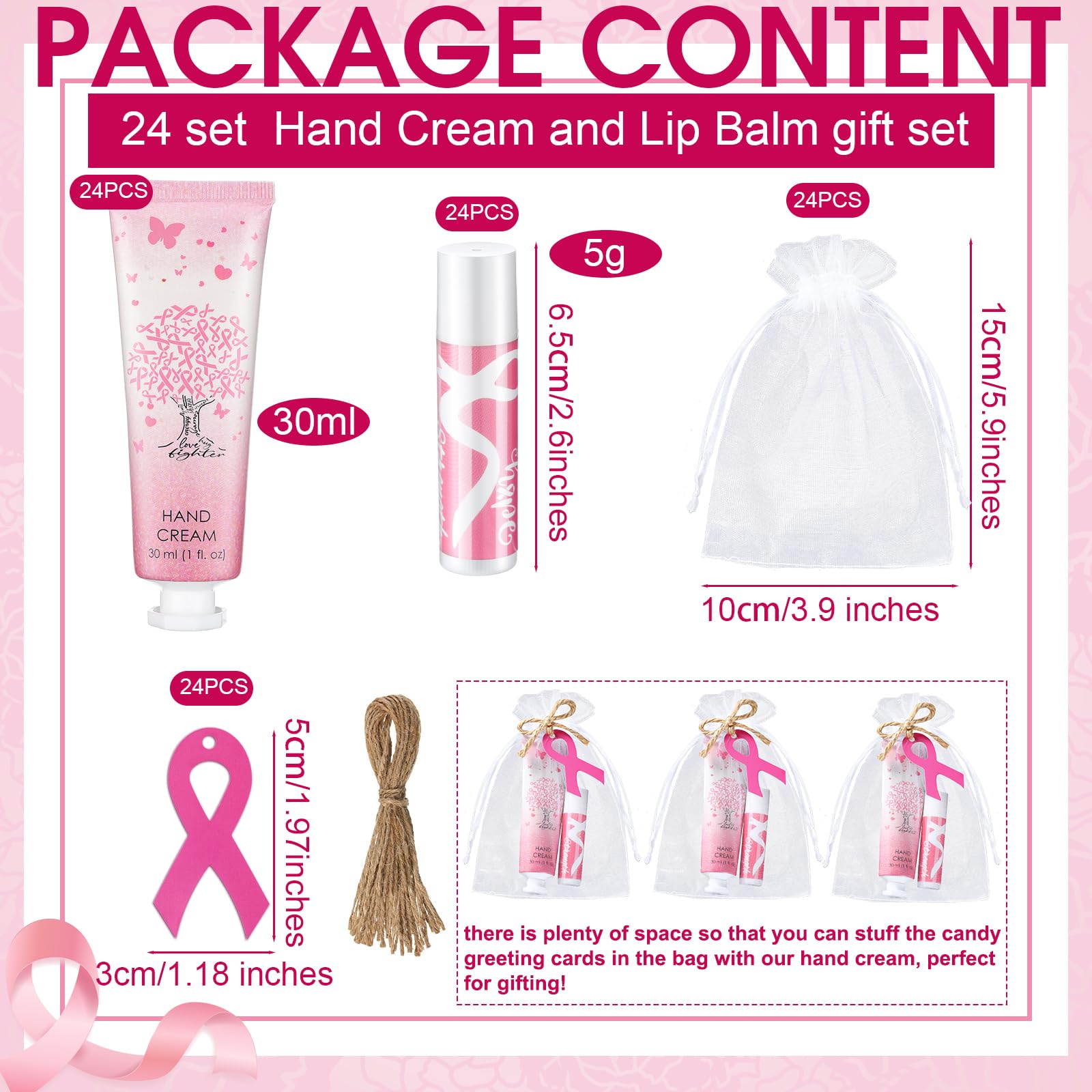 Dansib 24 Sets Breast Cancer Awareness Favors Breast Cancer Hand Cream and Lip Balm Gift for Women Pins Pink Ribbon Travel Size