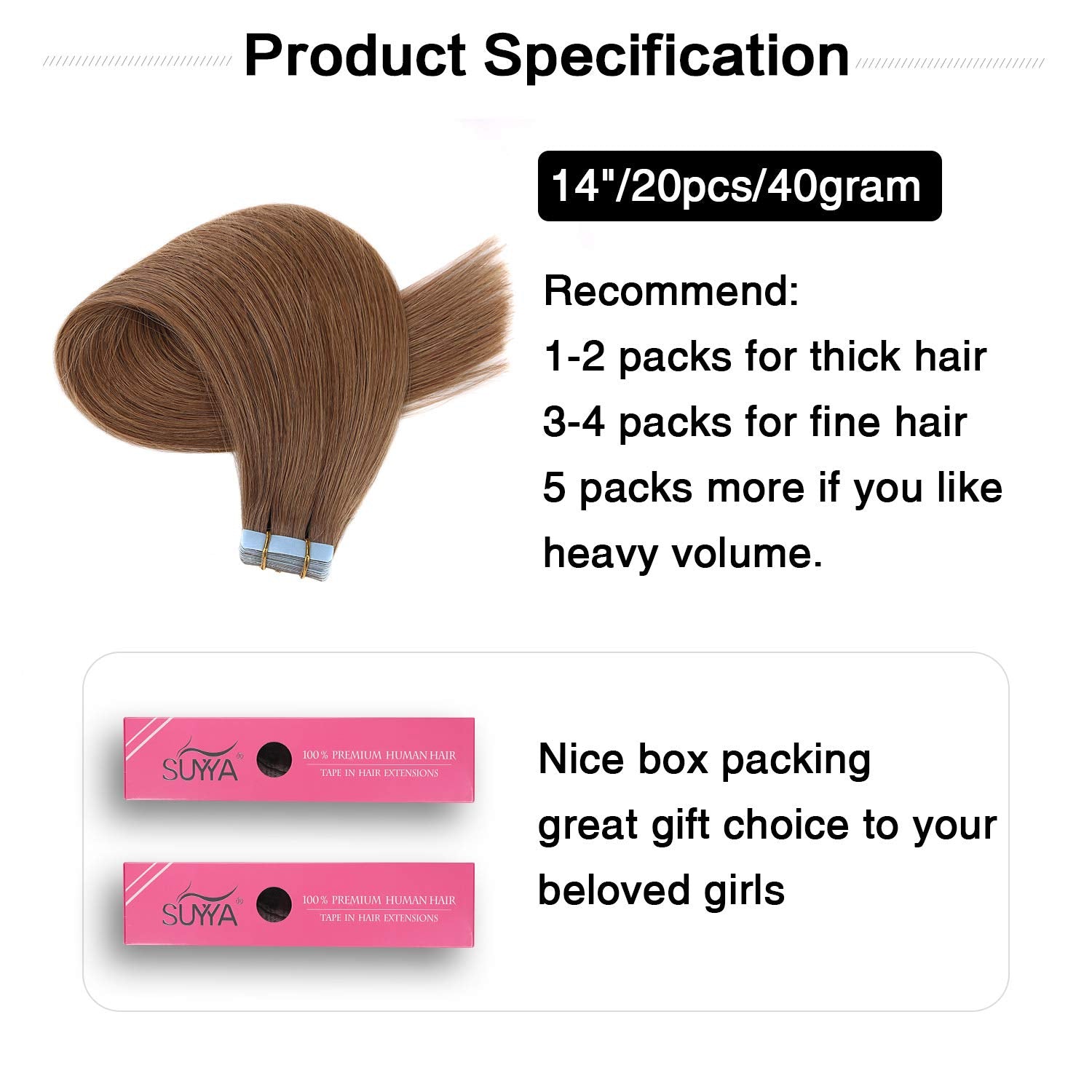 Suyya Tape In Hair Extensions Remy Human Hair Chestnut Brown 14 Inches 40G/Pack 20Pcs Straight Seamless Skin Weft Tape In Extens