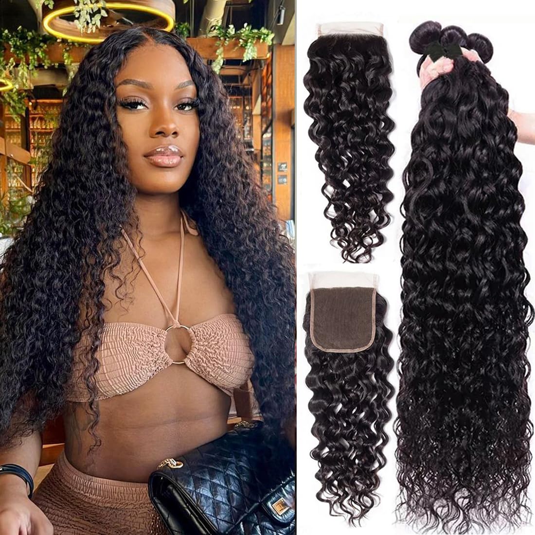 Taziza Human Hair Bundles With Closure Water Wave(16 18 20+14,Free Part) Brazilian Virgin Human Hair 3 Bundles And Closure Wet A