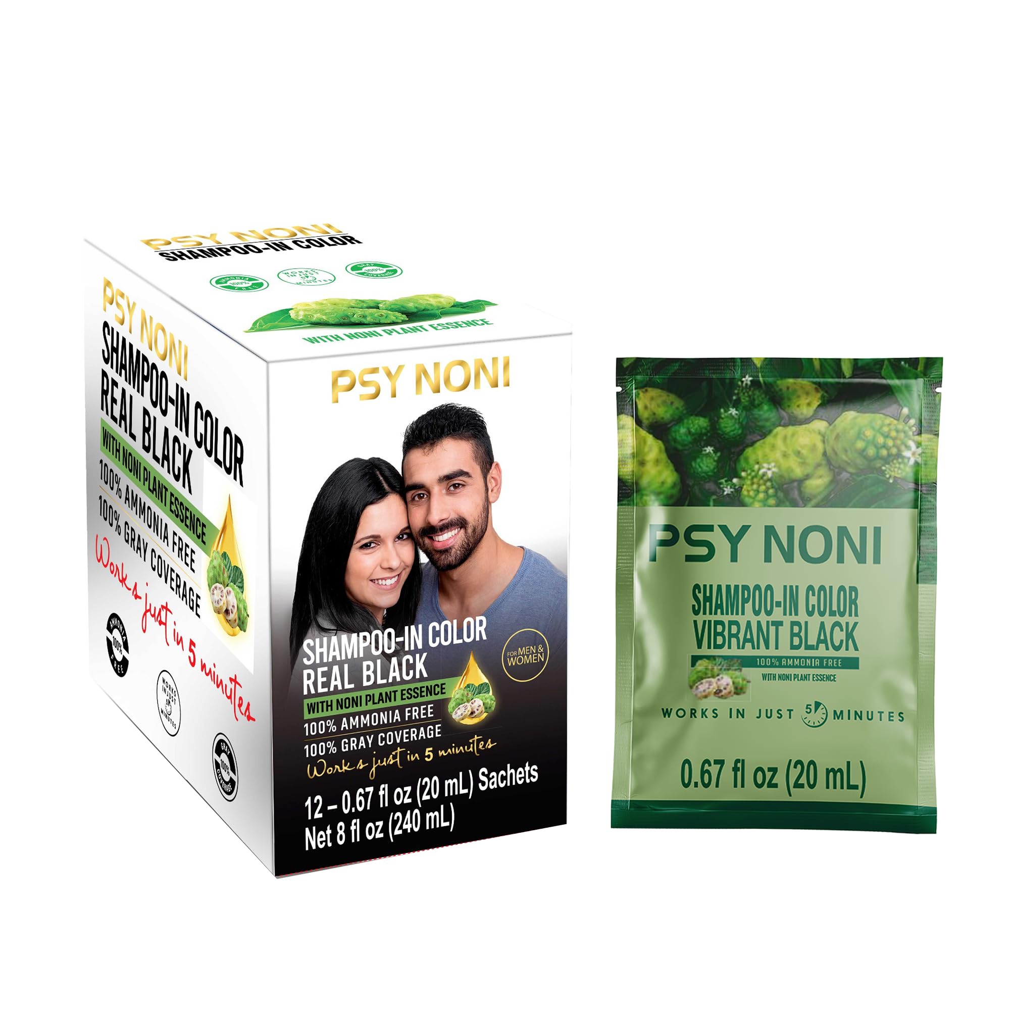 PSY Noni Black Hair Color Shampoo| | 5 Minutes Hair Colour | Hair color shampoo (20ml) | Anti Hair fall | Black Hair Dye| Noni F