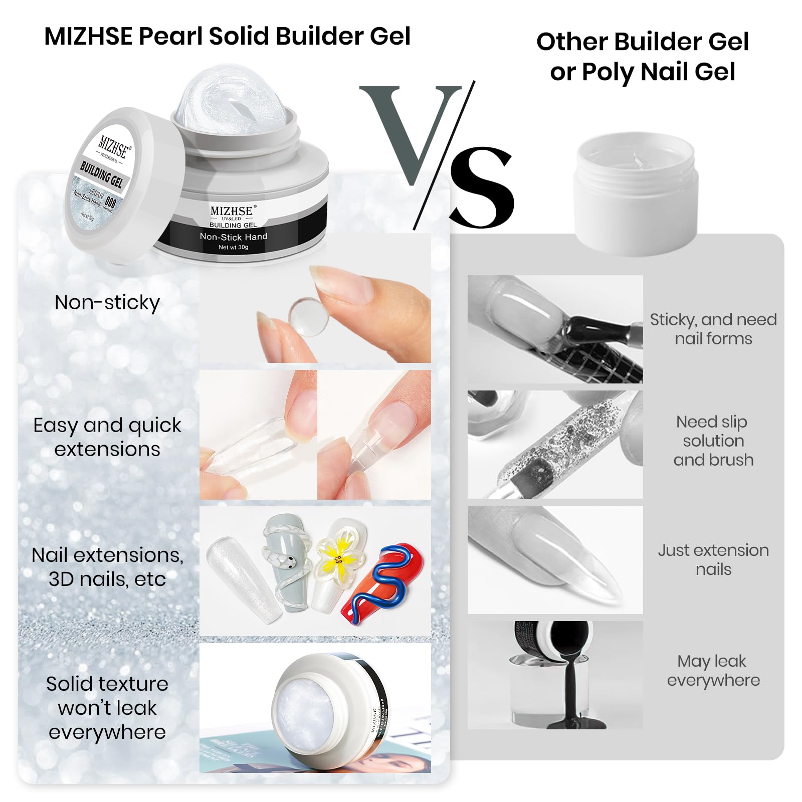 Mizhse Solid Builder Gel For Nails Kit: 2Pcs 30G Pearl White & Clear Hard Gel For Nails 3D Nail Gel With Nail Forms 3D Silicone