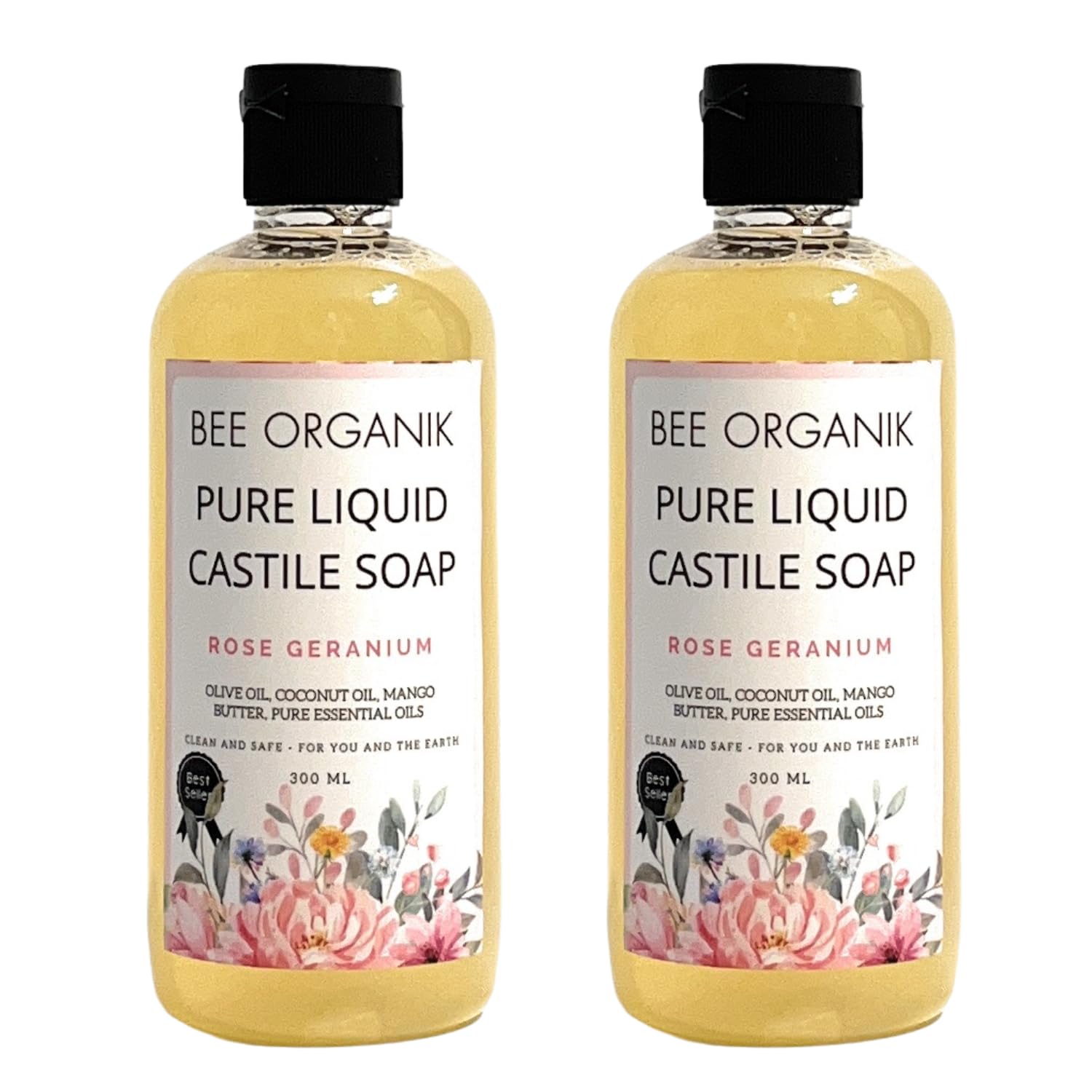 Bee Organik Liquid Castile Soap (Pack Of 2) Rose Geranium 300Ml X 2