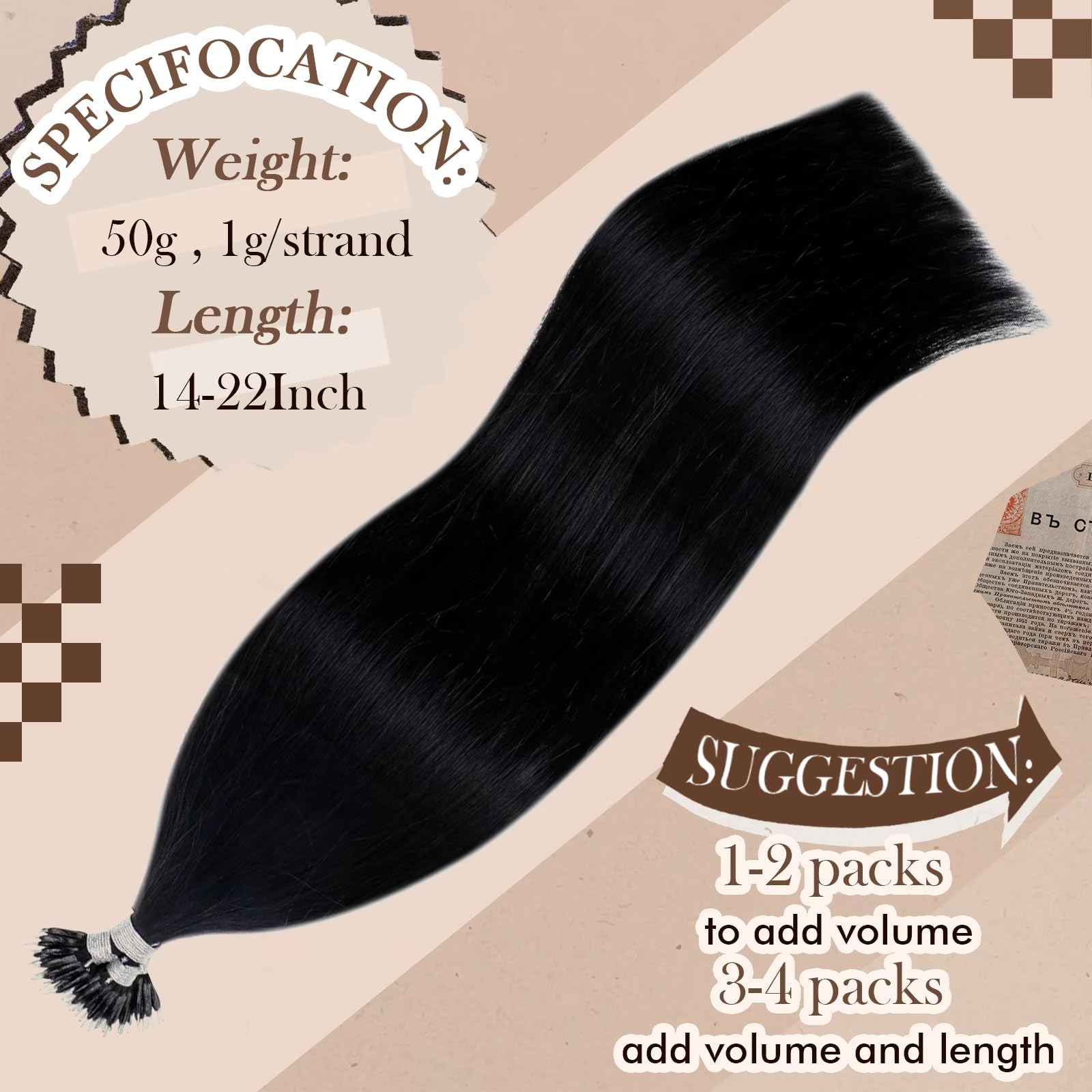 Hetto Nano Bead Hair Extensions Human Hair Nano Tip Extensions Real Human Hair #1 Jet Black Nano Ring Hair Extensions Natural In