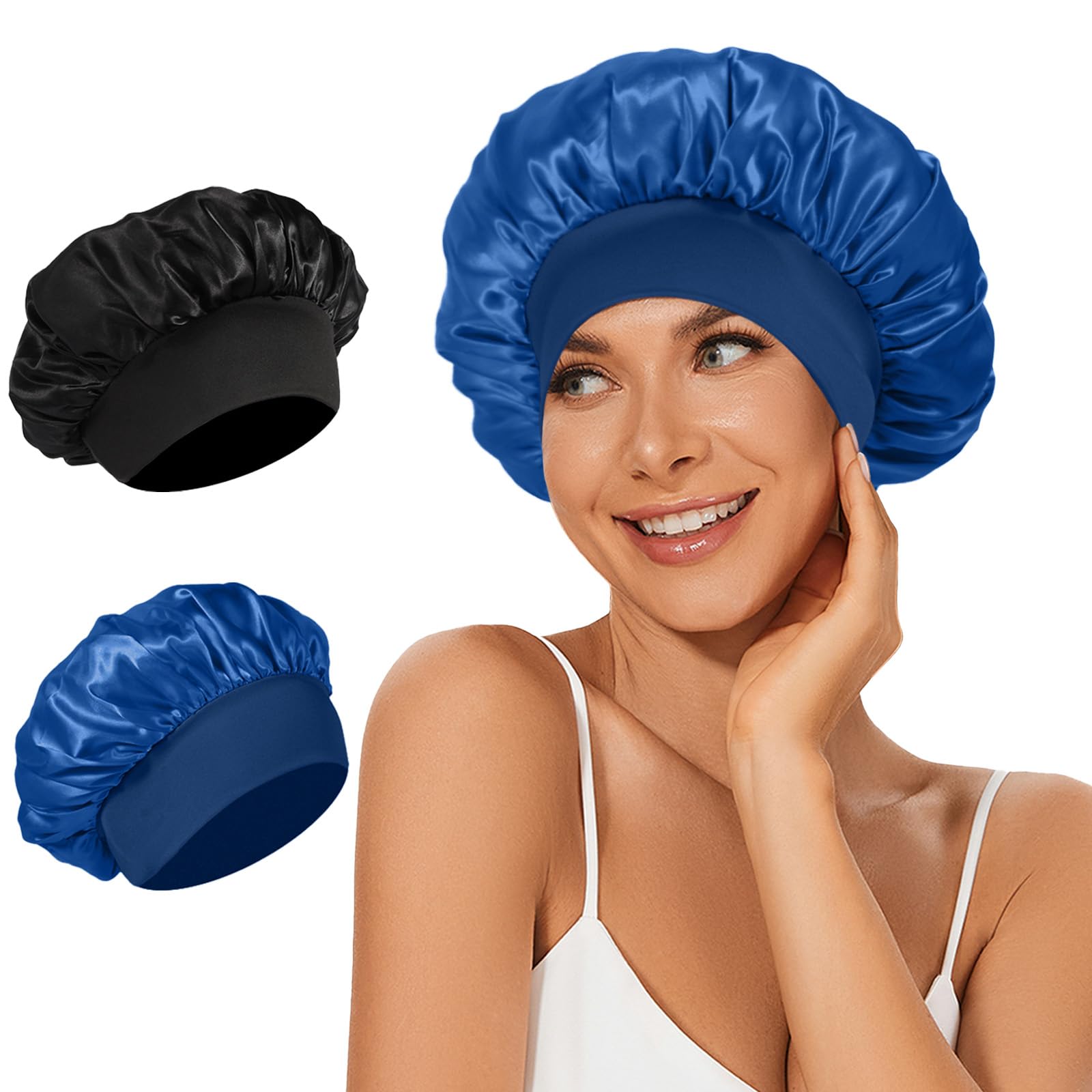 LEADUWAY 2Pcs Satin Bonnets Silk Bonnet for Sleeping Hair Bonnet for Curly Hair(Black&Blue)
