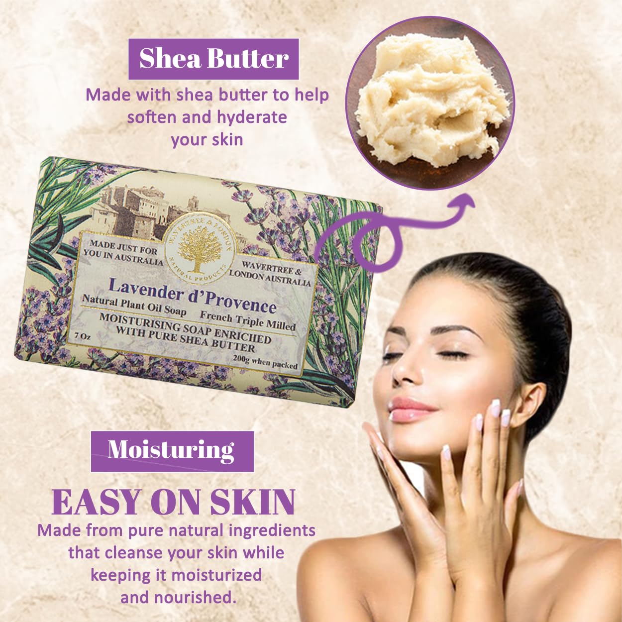 Wavertree & London Lavender Scented Natural Soap (2 Bars), 7Oz Moisturizing French Triple Milled Soap Bars Enriched With Shea Bu