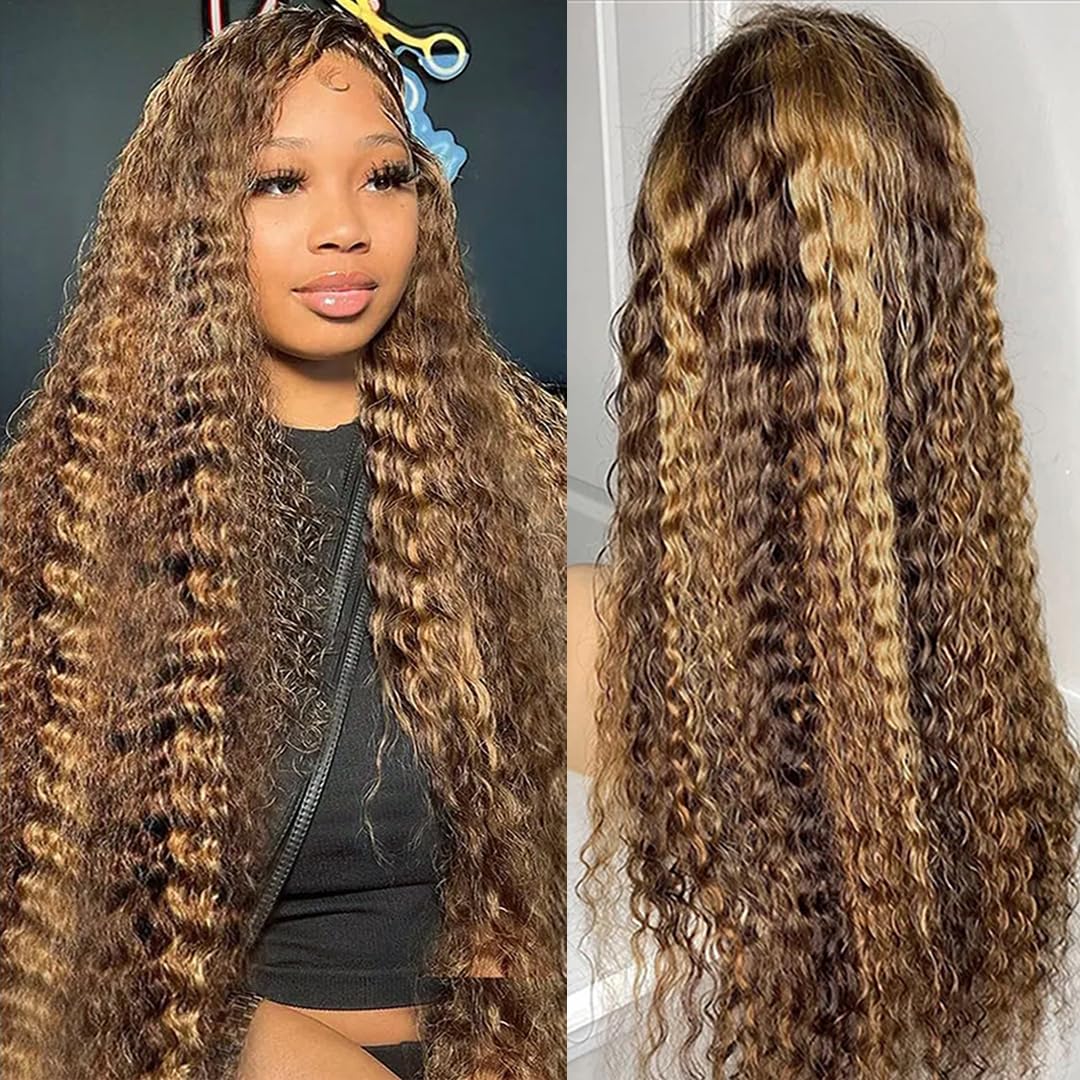 Highlight Ombre HD Transparent 13x4 Lace Front Wigs Human Hair 180% Density Honey Blonde 4/27 Deep Wave Lace Front Wigs Human Ha