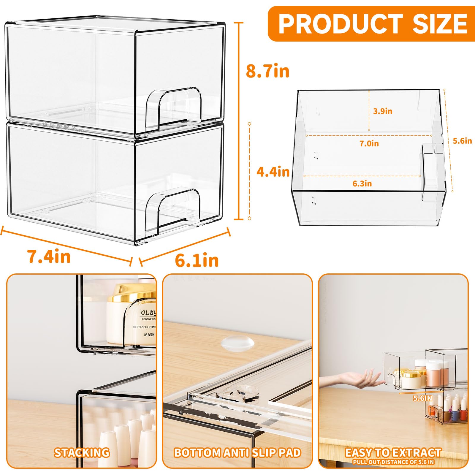 Yieach 2 Pack Clear Stackable Storage Drawers,4.4'' Tall Acrylic Drawer Containers for Organizing,Bathroom Organizers and Storag