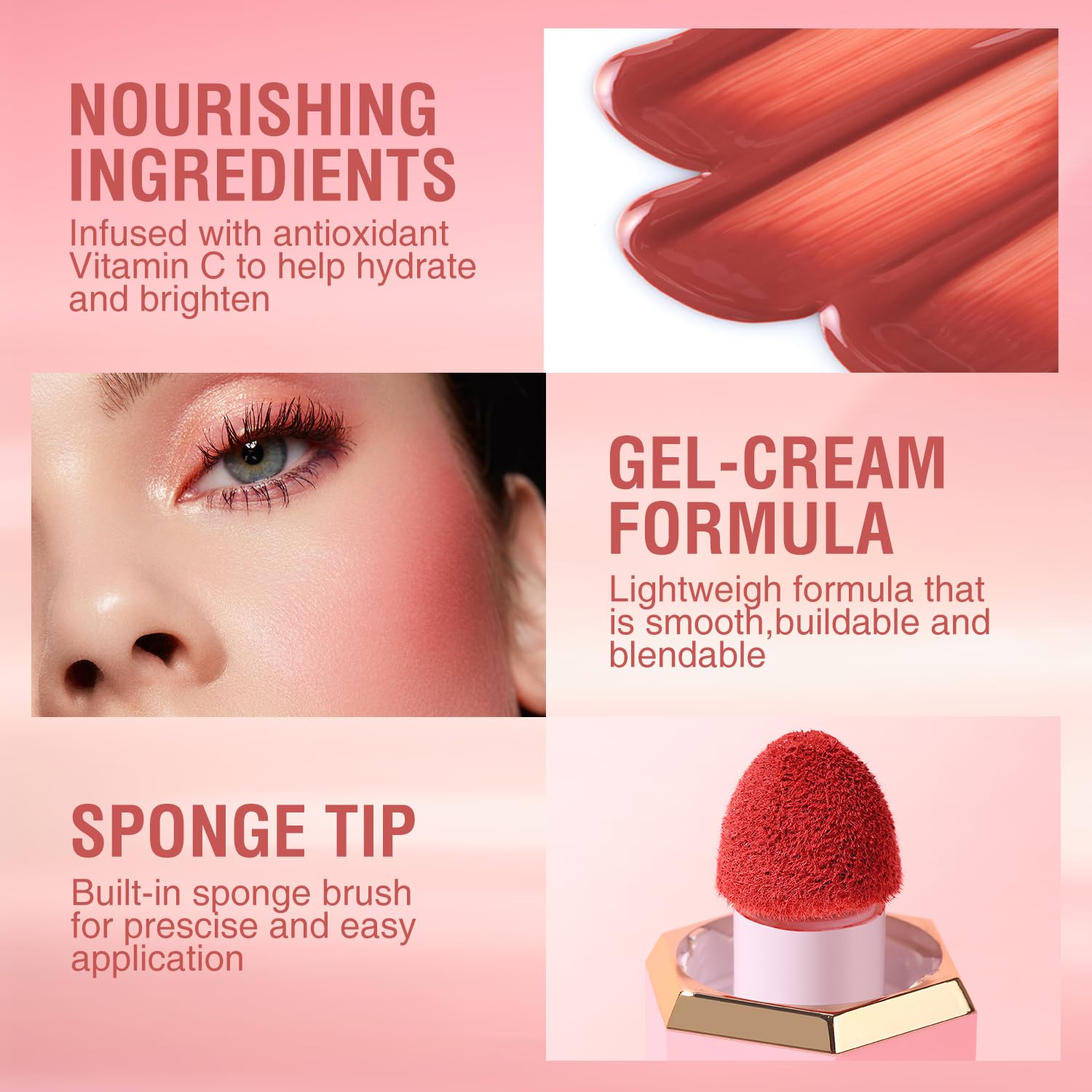 Cheek Gel Cream Liquid Blush Makeup, Soft Lightweight Breathable Feel, Long-Wearing, Smudge Proof, Natural-Looking, Skin Tint Bl