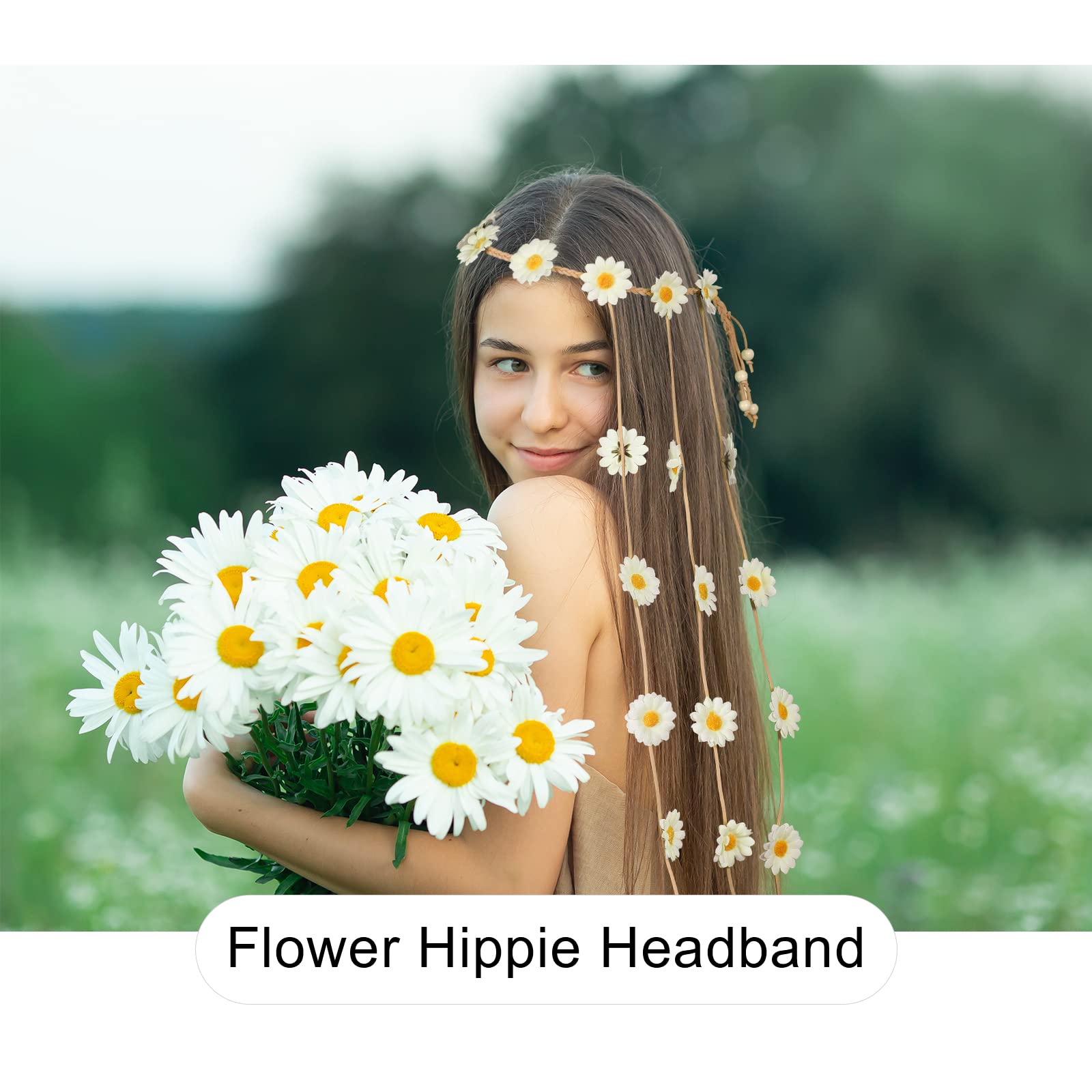 Awaytr Flower Hippie Headband Floral Crown Behemain Sunflowers Beads Adjust Flower Headdress Hair Accessories